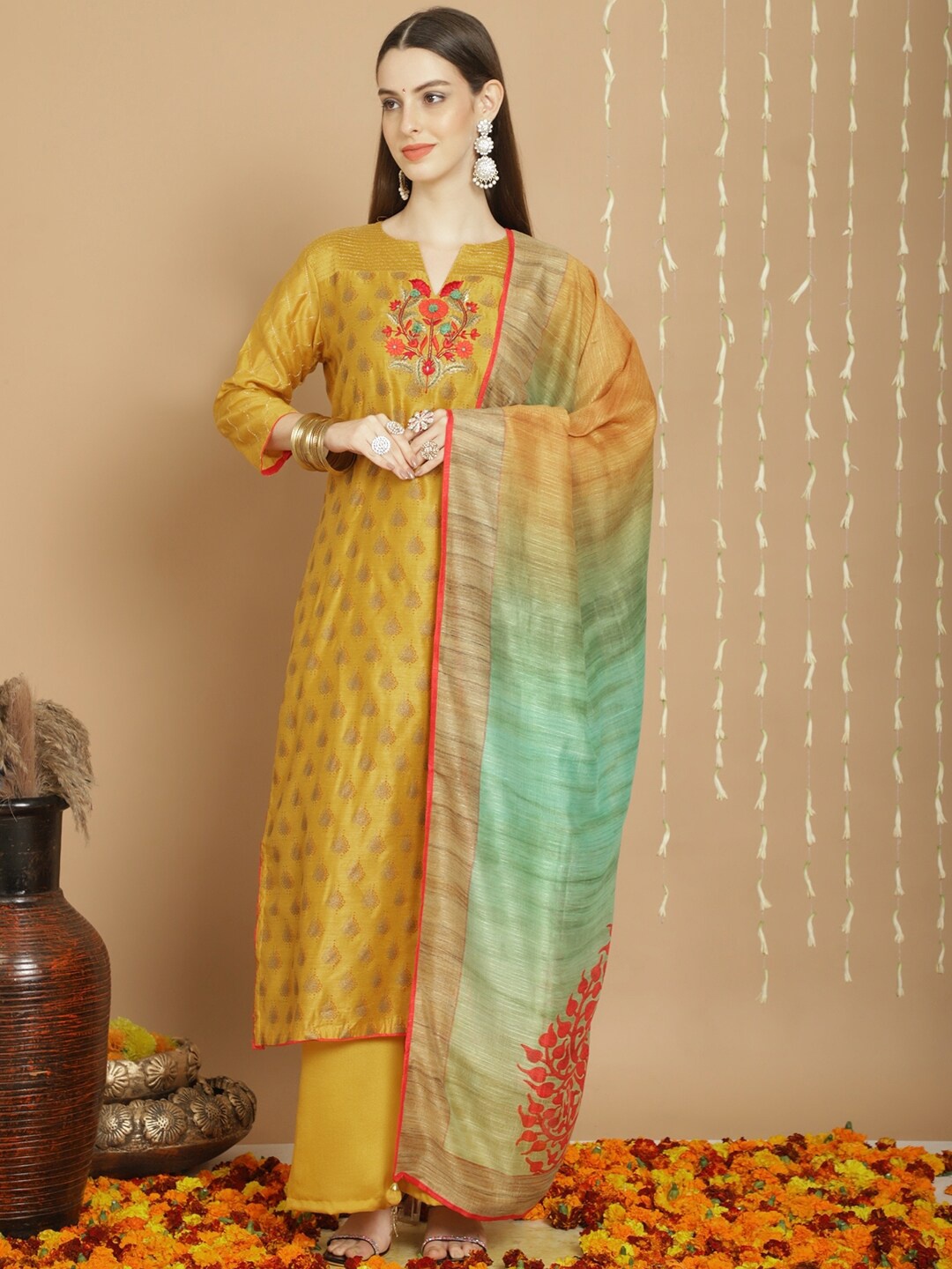 

Stylee LIFESTYLE Floral Embroidered Art Silk Semi-Stitched Dress Material, Yellow