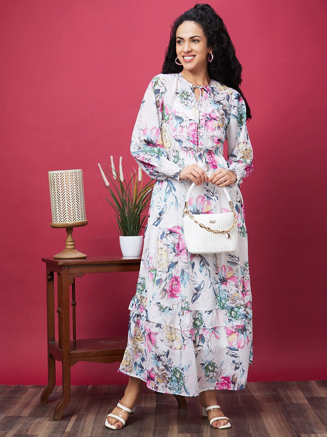 Globus Floral Printed Tie-Up Neck Puff Sleeves Smocked Detail Maxi Dress, White