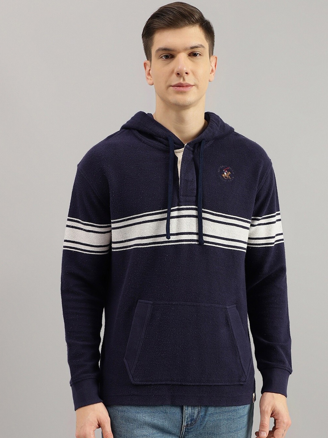 

Beverly Hills Polo Club Colourblocked Hooded Cotton Pullover Sweatshirt, Blue