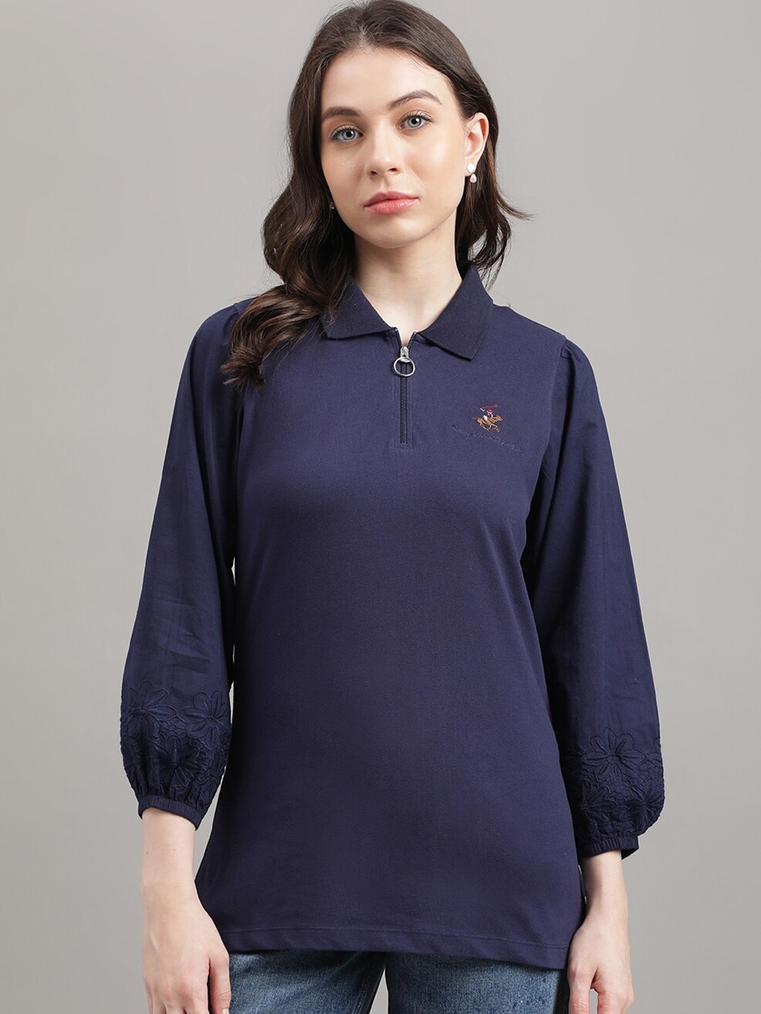 

Beverly Hills Polo Club Shirt Collar Puff Sleeves Top, Navy blue