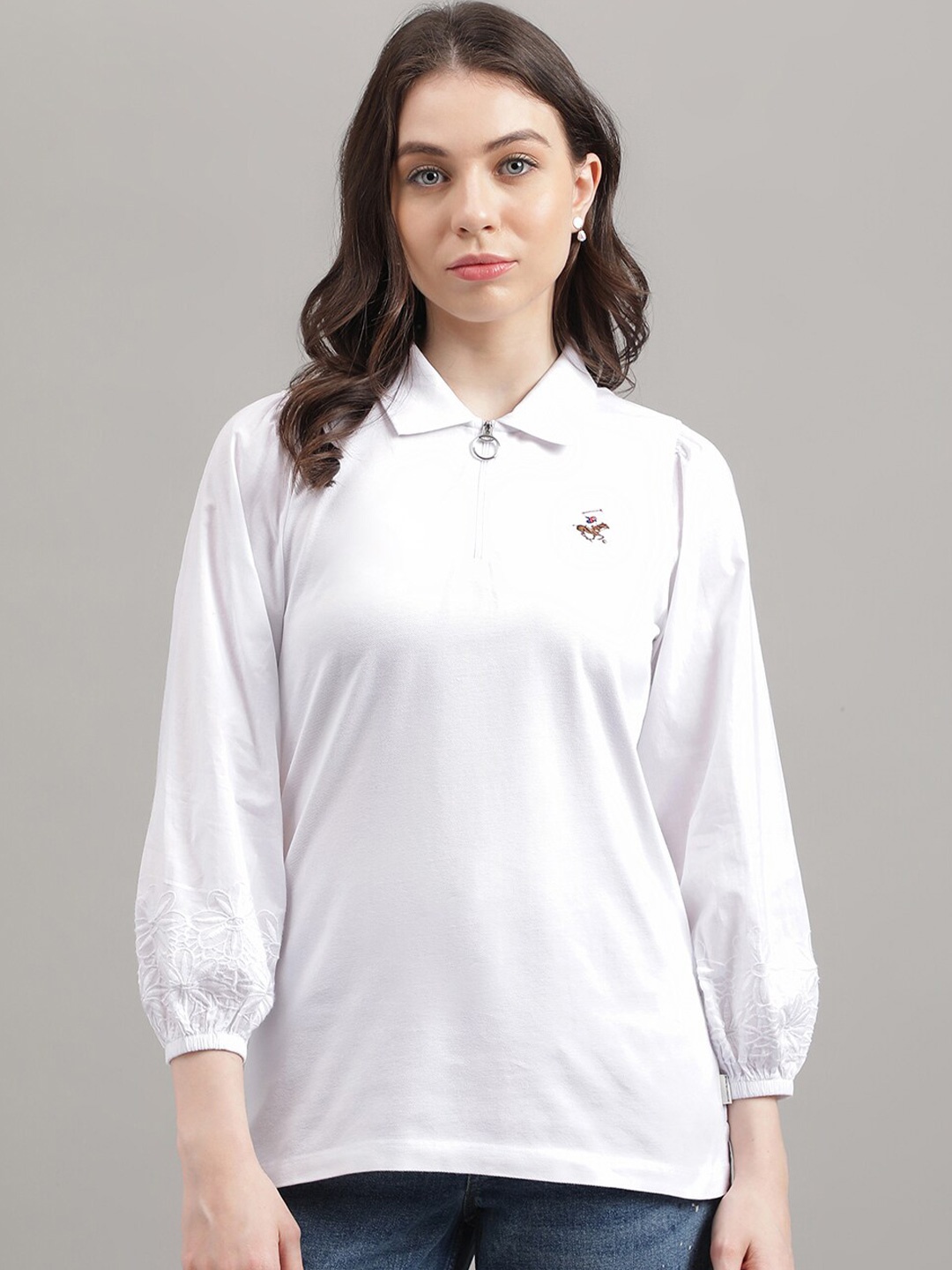 

Beverly Hills Polo Club Shirt Collar Puff Sleeves Top, White