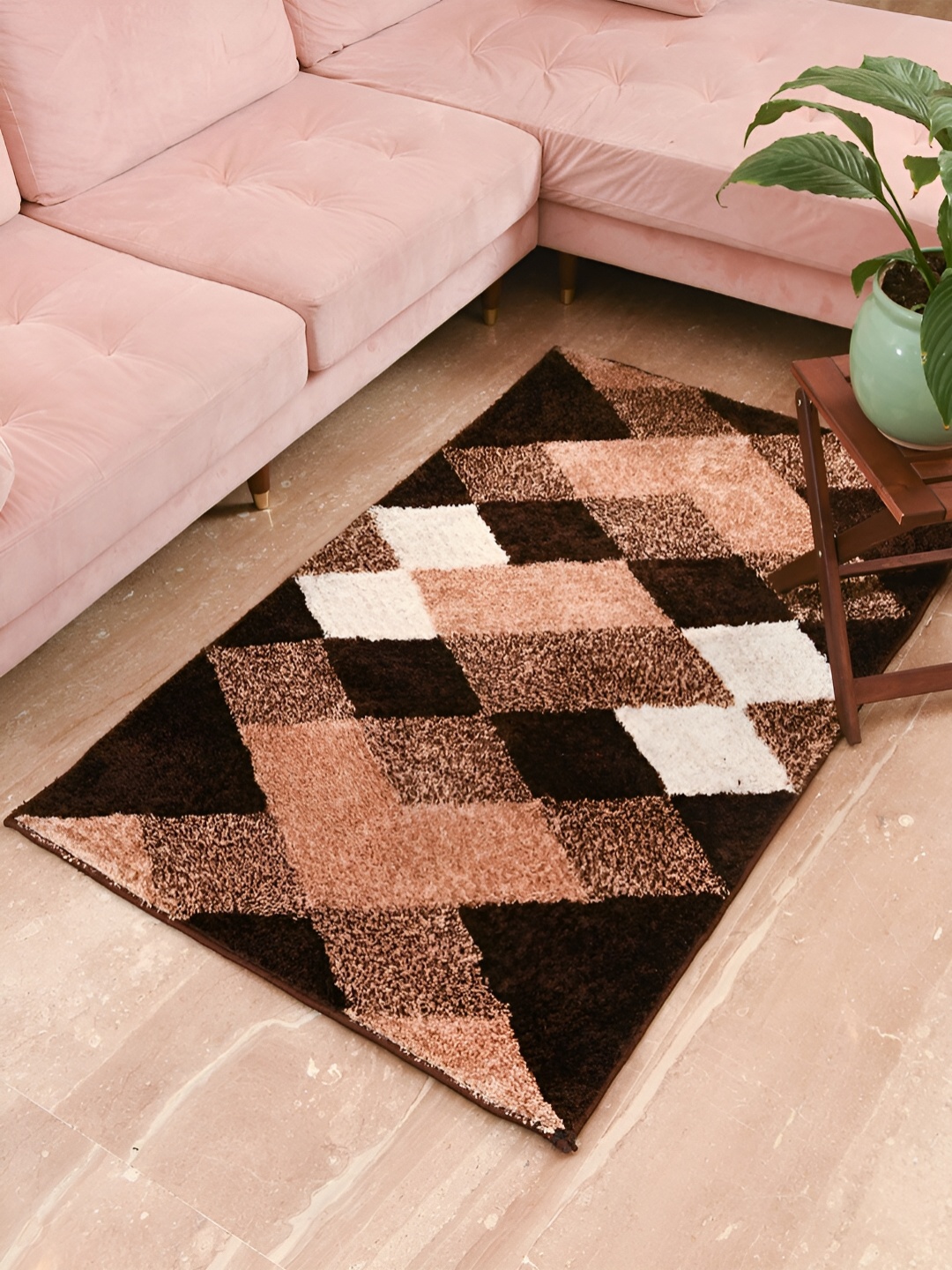 

FABURAA Brown Geometric Anti Skid Cotton Carpet