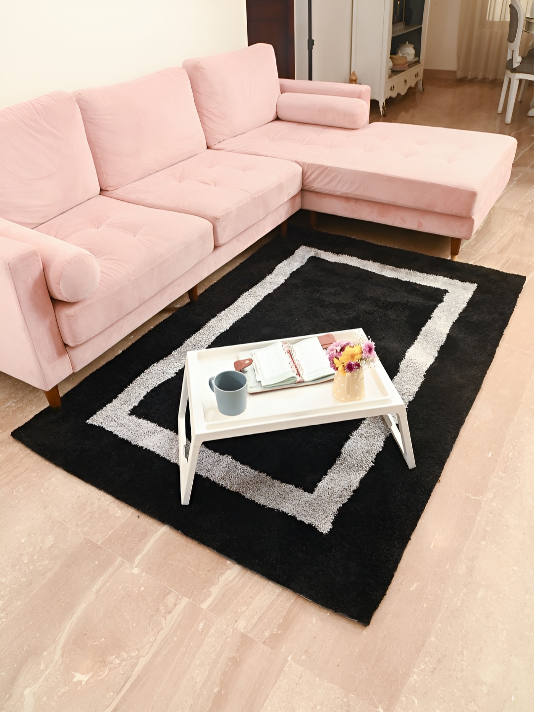 

FABURAA Black Geometric Anti Skid Cotton Carpet