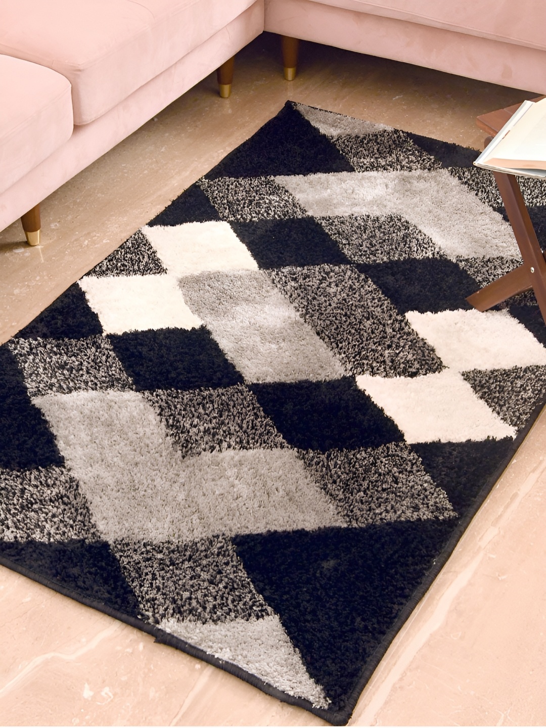 

FABURAA Black Geometric Anti Skid Cotton Carpet