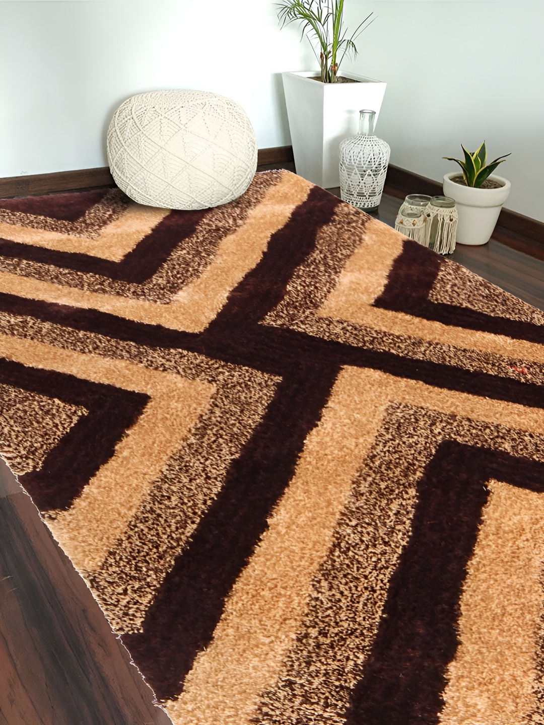 

FABURAA Brown & Beige Geometric Printed Anti Skid Cotton Carpet