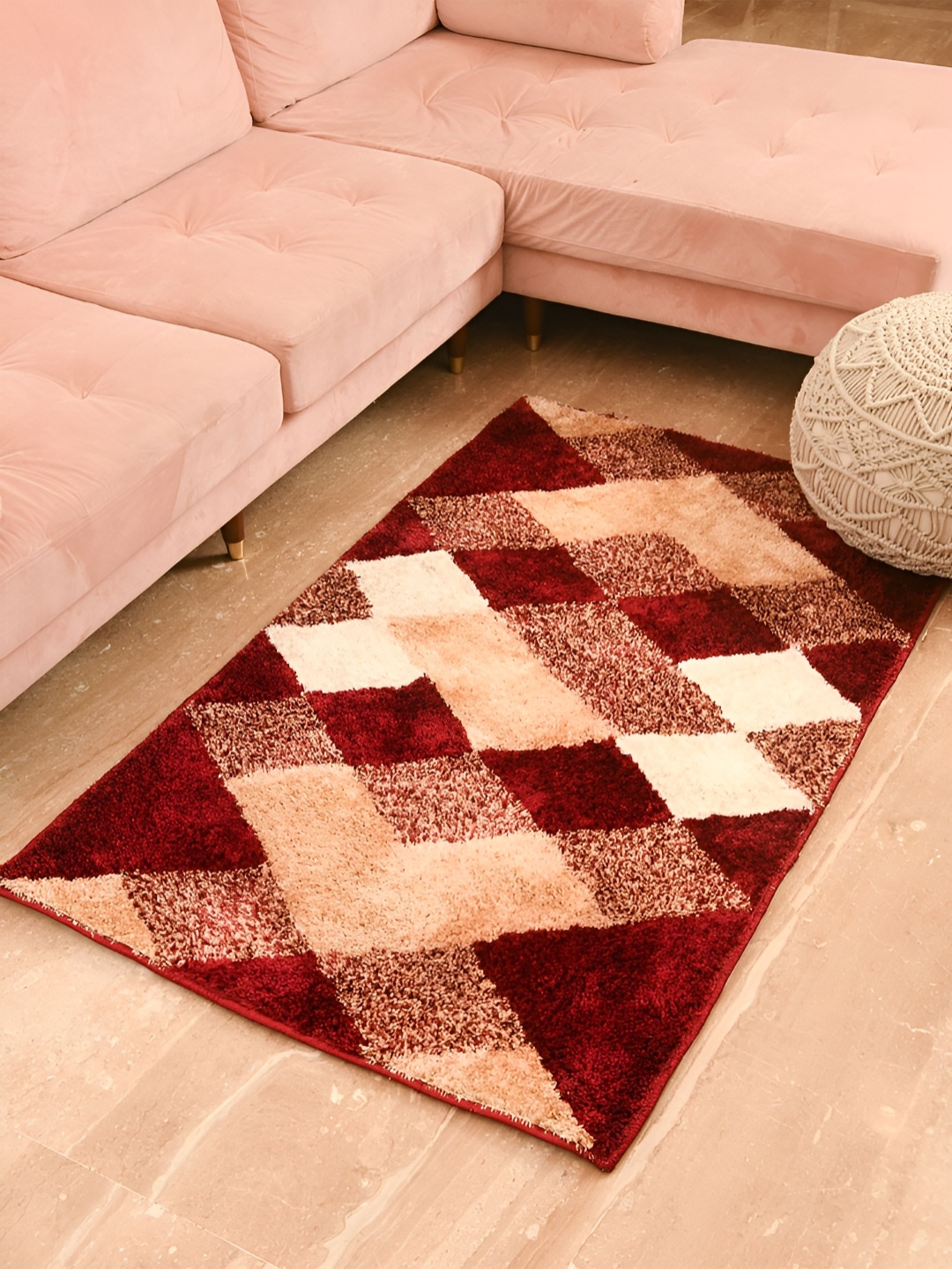 

FABURAA Maroon Geometric Anti Skid Cotton Carpet