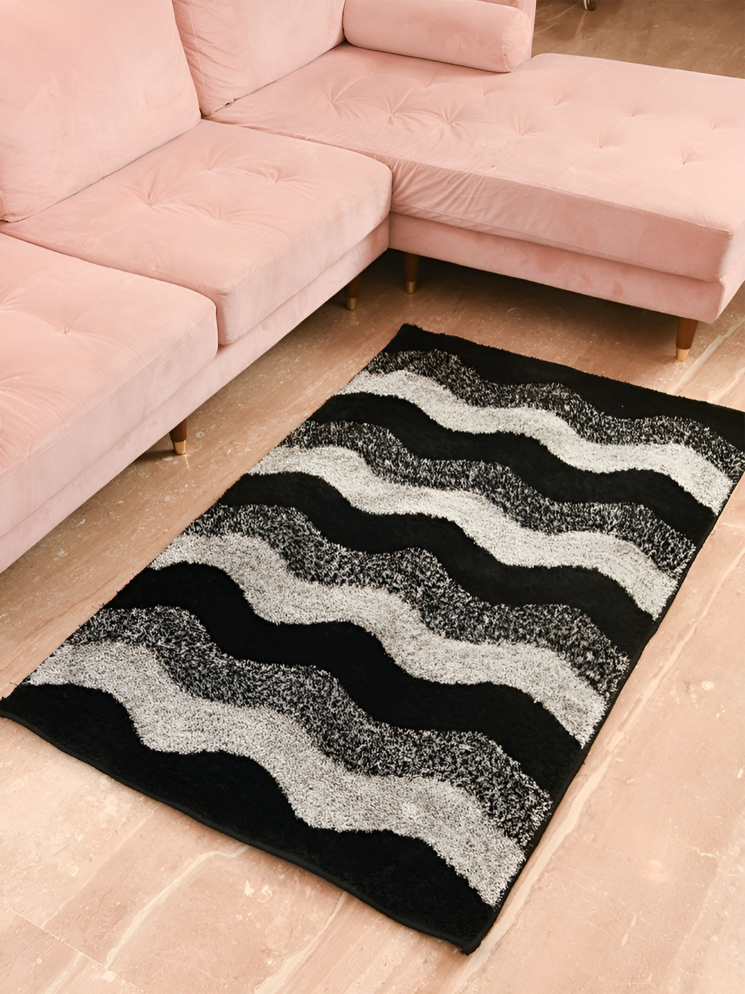 

FABURAA Black Geometric Anti Skid Cotton Carpet