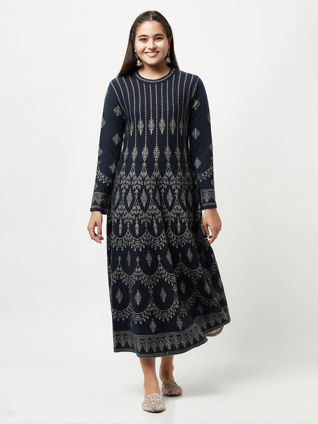 

Knitstudio Ethnic Motifs Printed Pure Woollen A-Line Midi Ethnic Dress, Navy blue