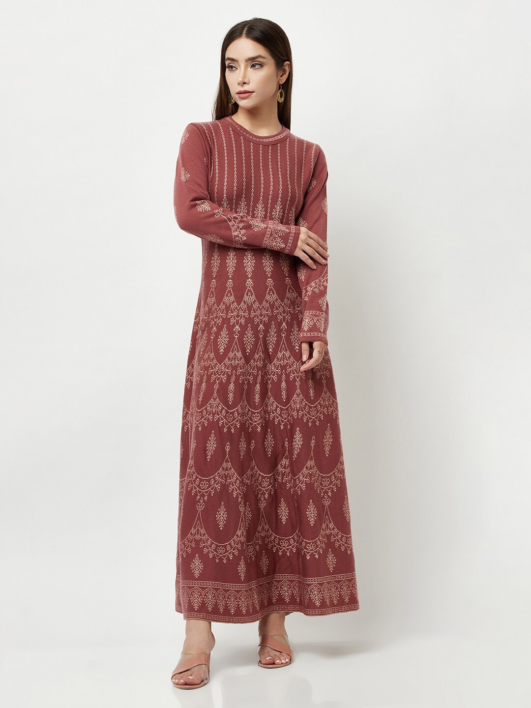 

Knitstudio Ethnic Motifs Printed Pure Woollen A-Line Maxi Ethnic Dress, Red