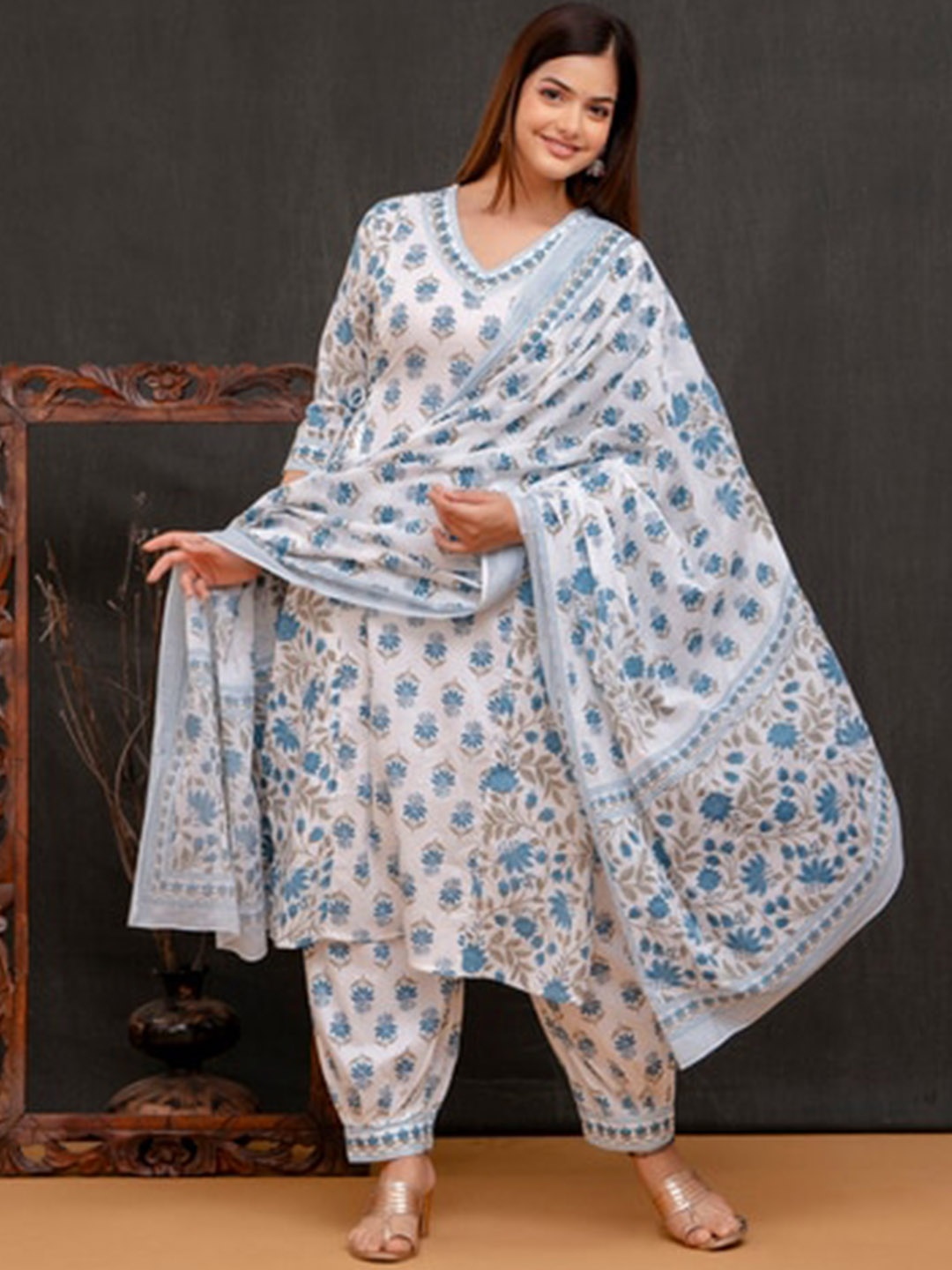 

STYLUM FAB Floral Printed Pure Cotton Kurta & Salwar With Dupatta, Blue