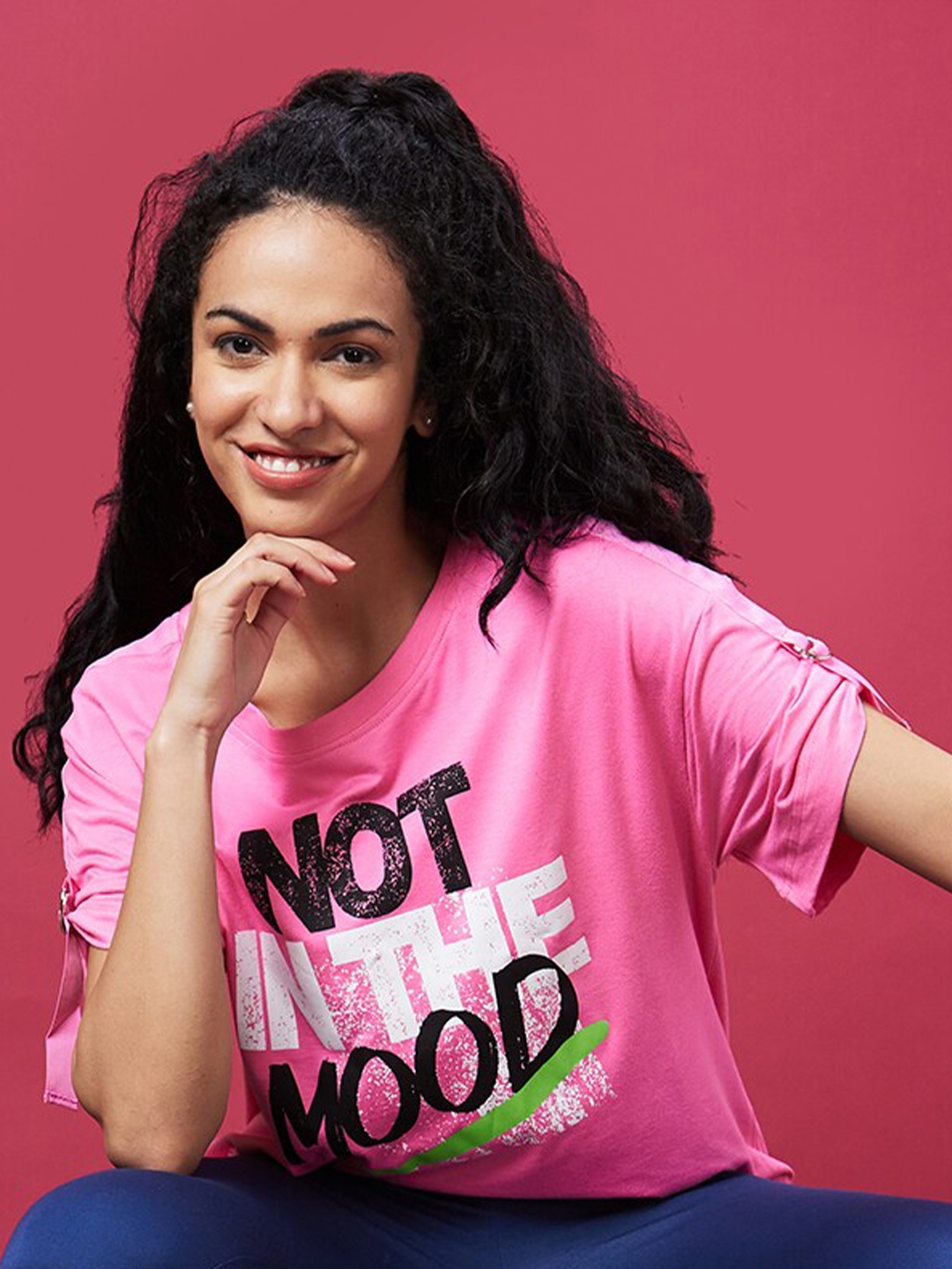 

Globus Typography Printed Cotton Drop-Shoulder Sleeves Boxy T-shirt, Pink
