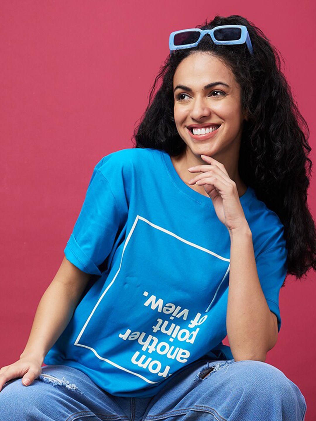 

Globus Blue Typography Printed Drop Shoulder Sleeves Pure Cotton Oversized T-Shirt