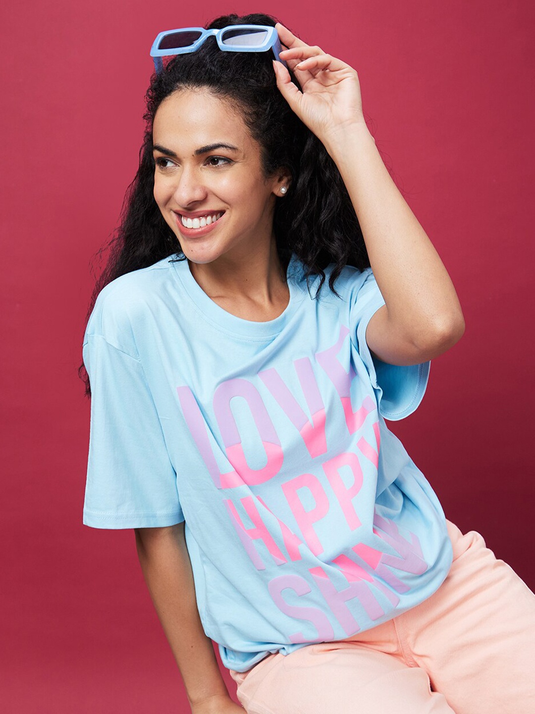 Globus Typography Printed Drop Shoulder Sleeves Oversized Cotton Longline T-shirt, Blue