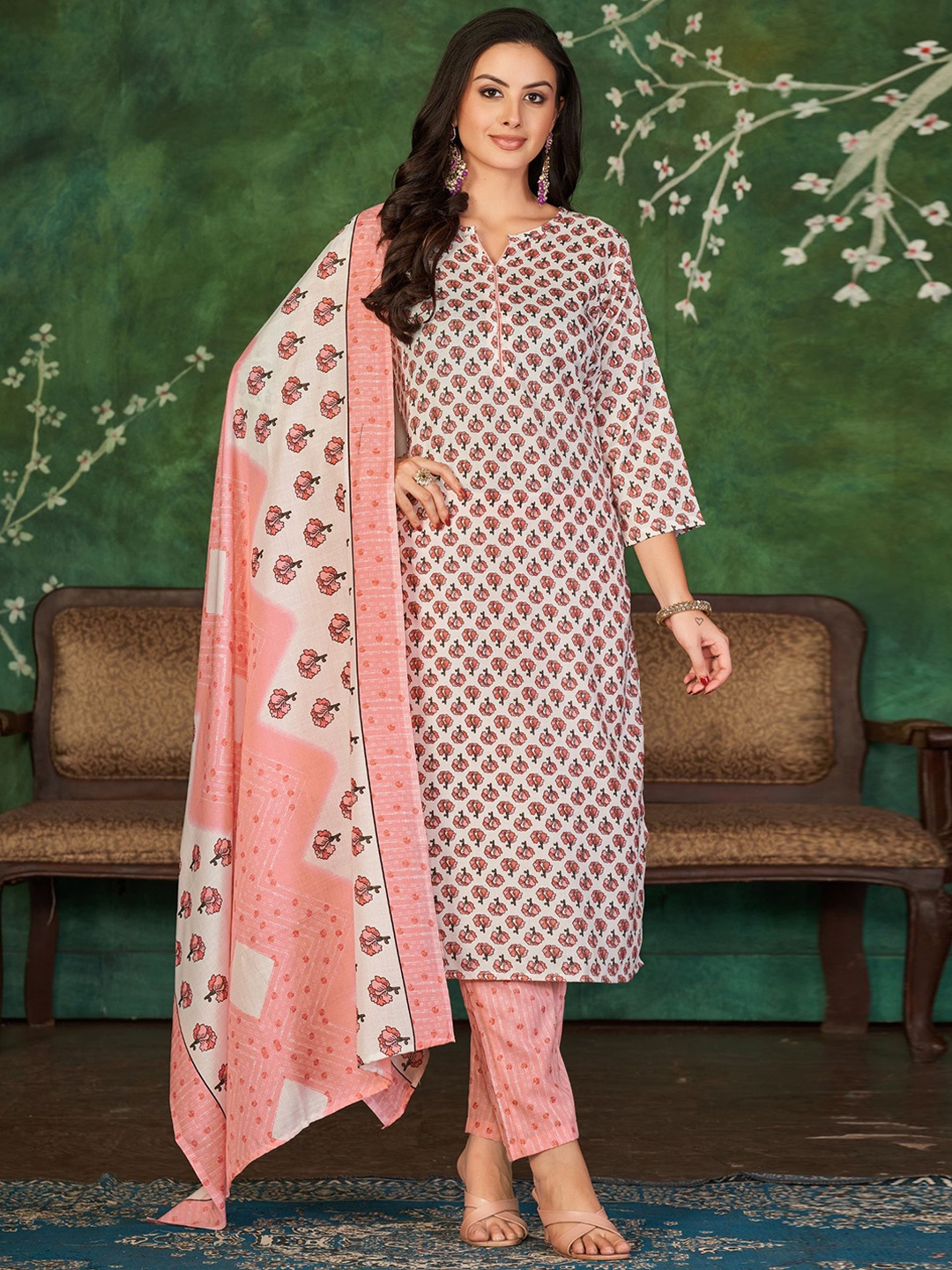 

KALINI Floral Printed Straight Kurta With Trousers & Dupatta, Pink