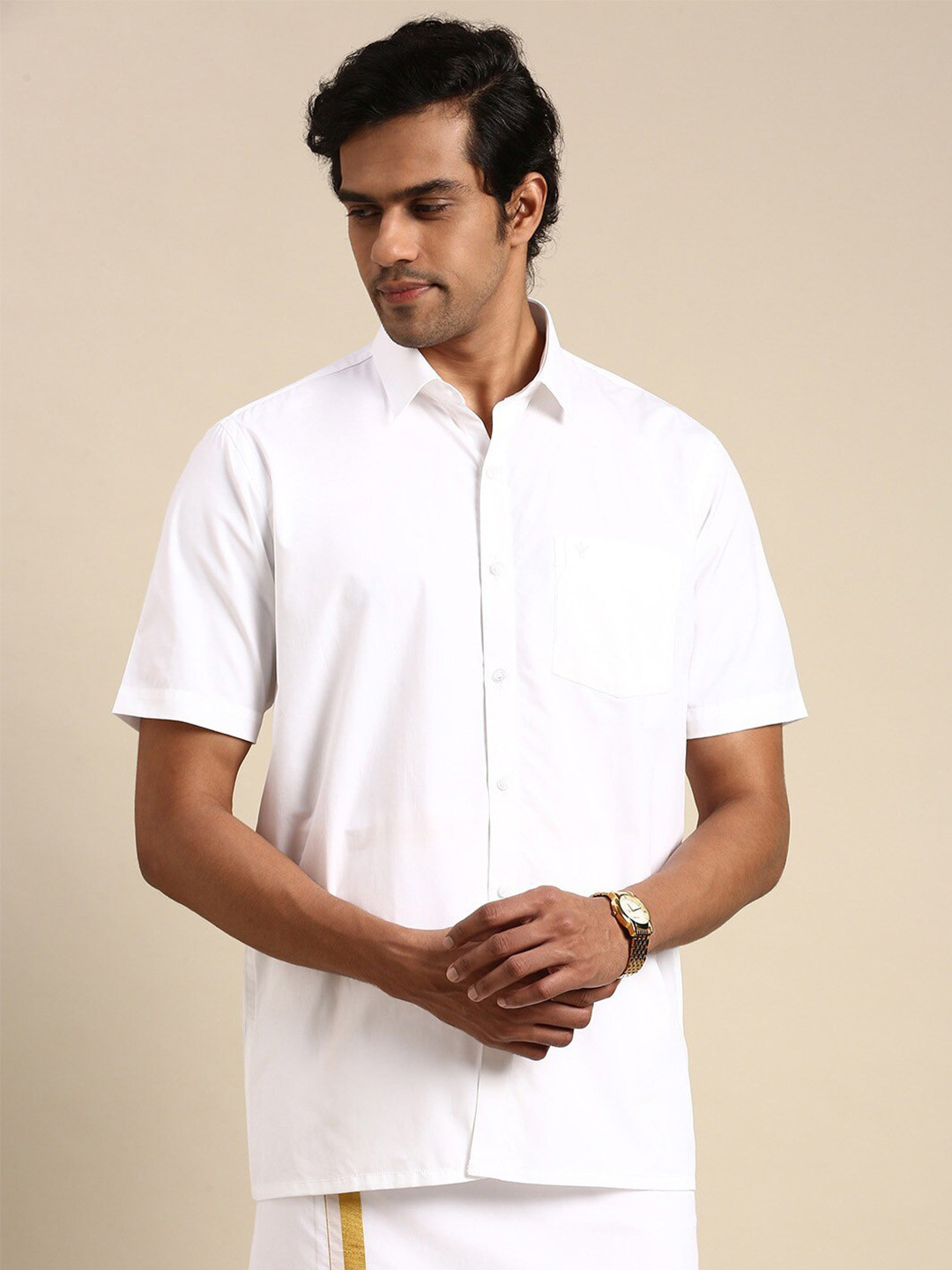 

Ramraj Standard Short Sleeves Cotton Ethnic Shirt, White
