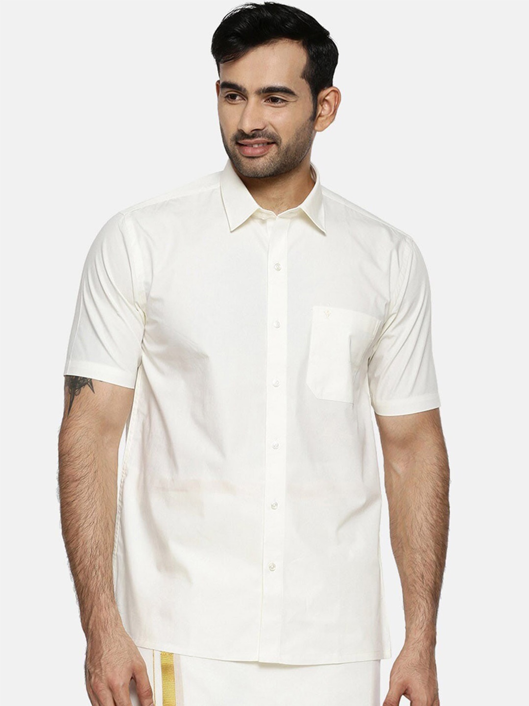 

Ramraj Standard Short Sleeves Cotton Ethnic Shirt, Cream