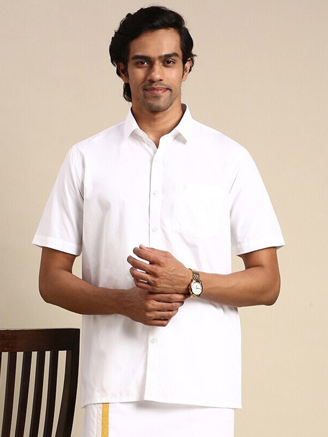 

Ramraj Standard Short Sleeves Cotton Ethnic Shirt, White