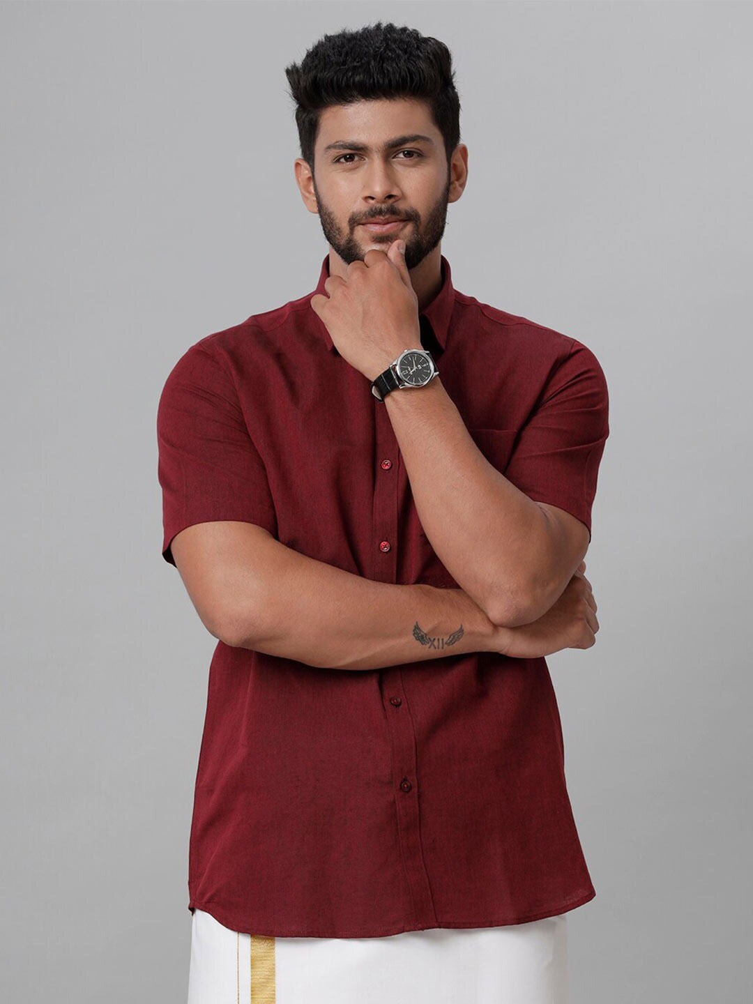 

Ramraj Standard Short Sleeves Cotton Ethnic Shirt, Maroon