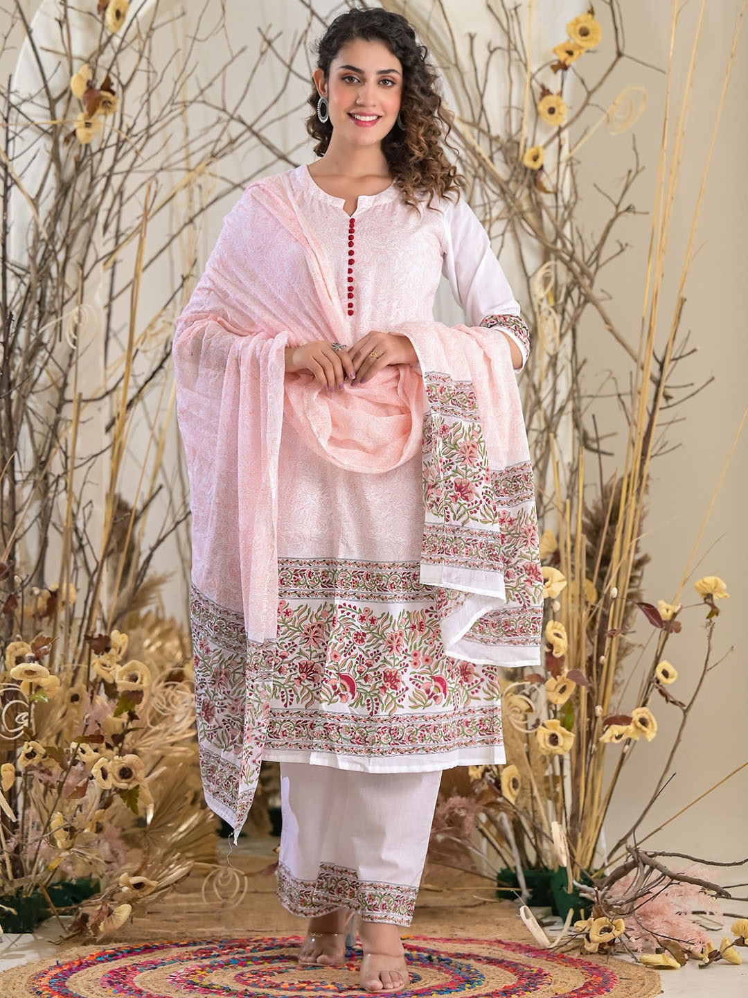 

The Kapas Floral Printed Block Print Pure Cotton Kurta with Palazzos & Dupatta, Off white