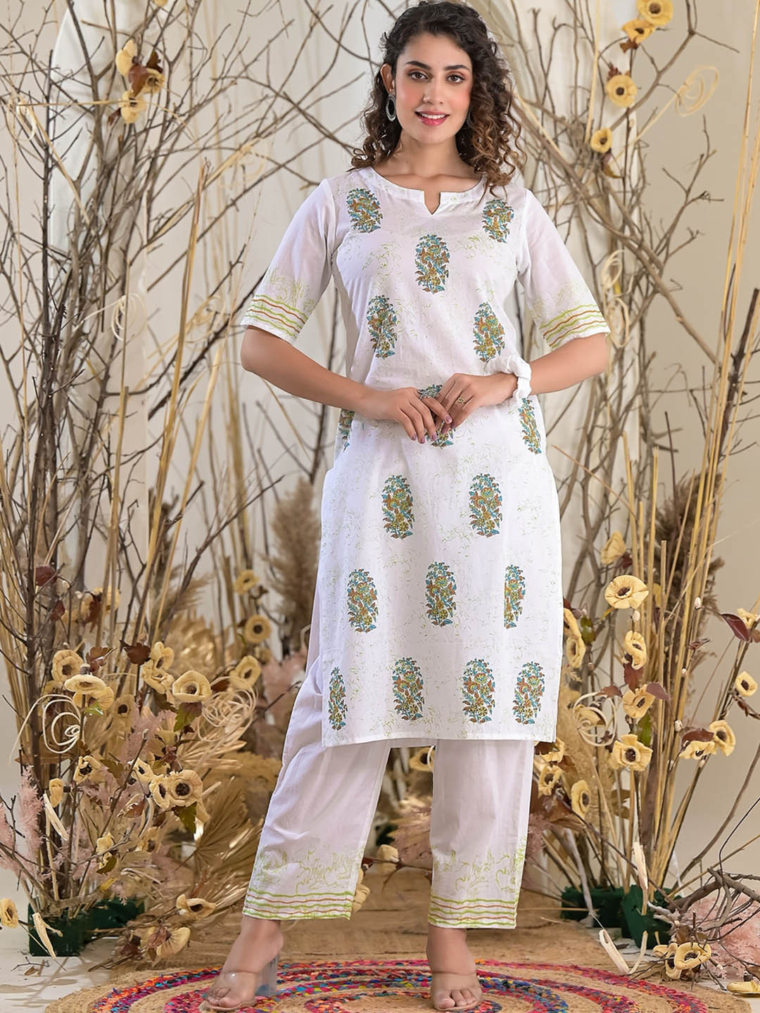

The Kapas Floral Printed Band Collar Block Print Pure Cotton Kurta with Trousers & Dupatta, White