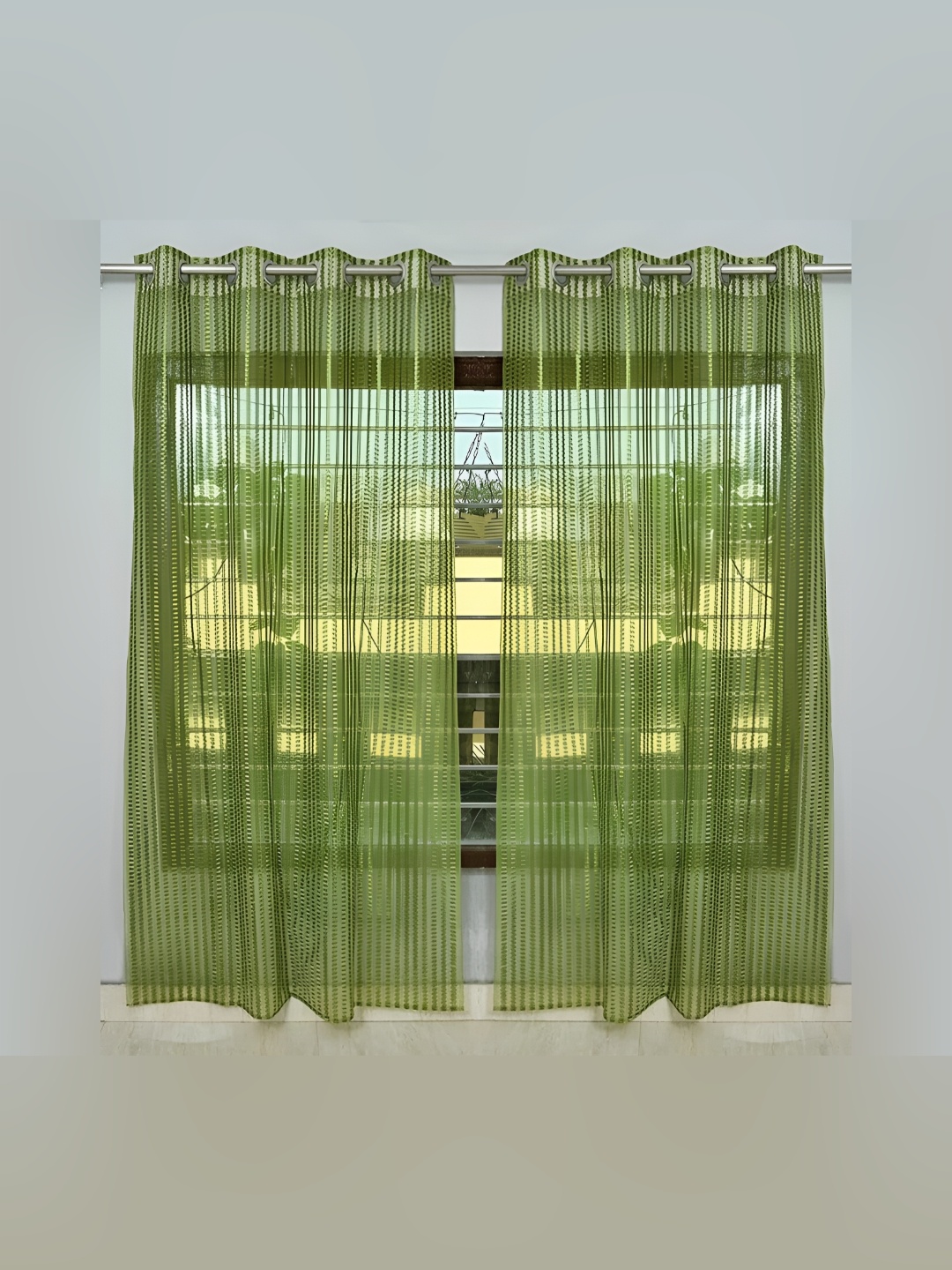 COMFY HOME Green 2 Pieces Striped Eyelet Curtains