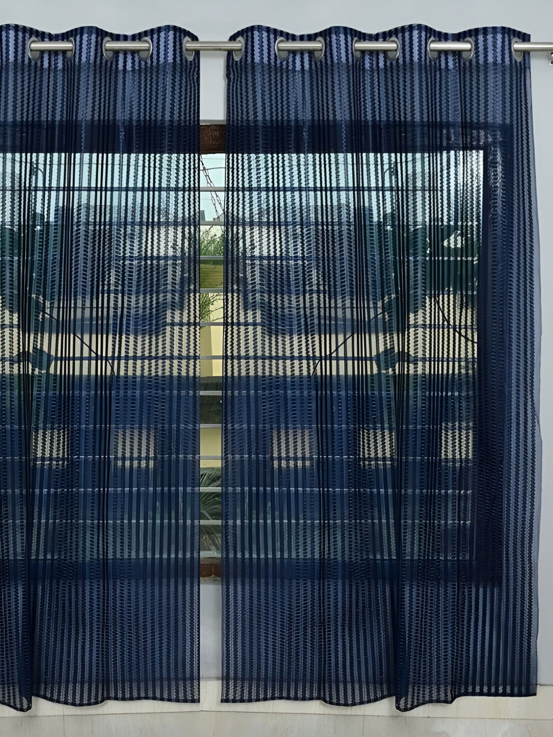 

COMFY HOME Blue 2 Pieces Striped Eyelet Curtains
