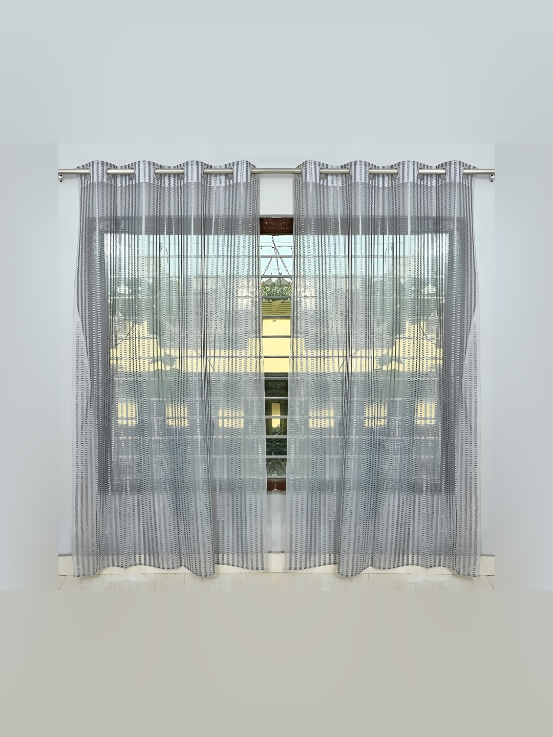 COMFY HOME Grey 2 Pieces Striped Eyelet Curtains