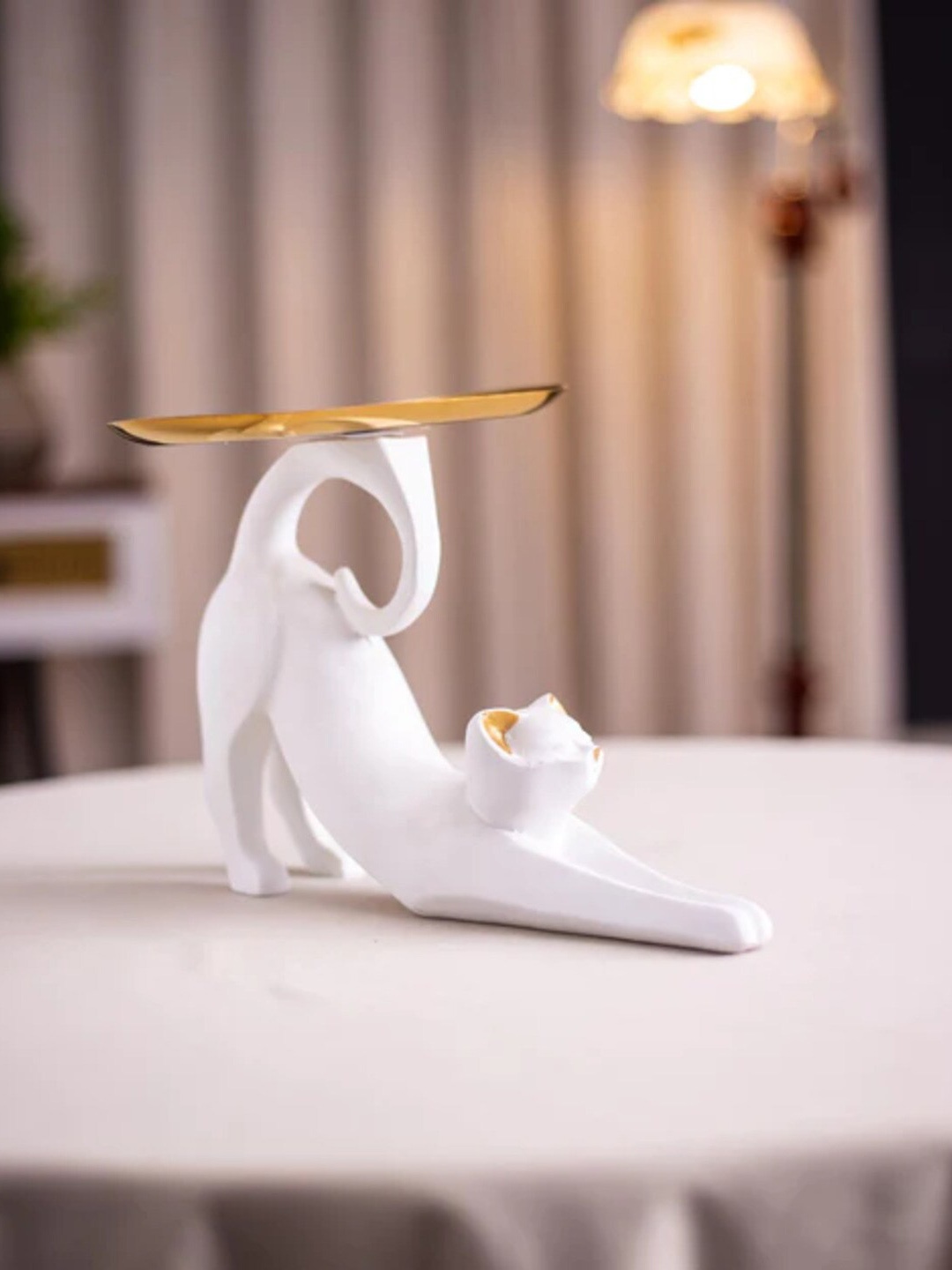 

THEDECORKART White & Yellow Medium Cat Figurine Ceramic Showpiece