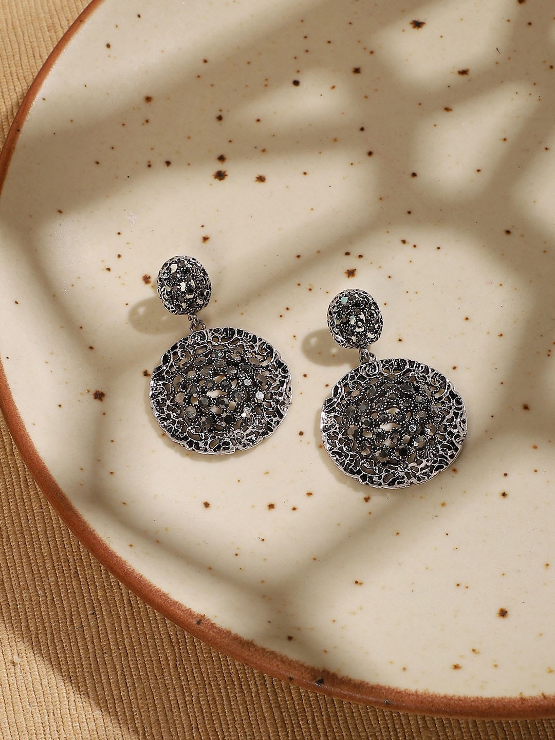 

SOHI Silver-Plated Stone Studded Circular Shaped Drop Earrings