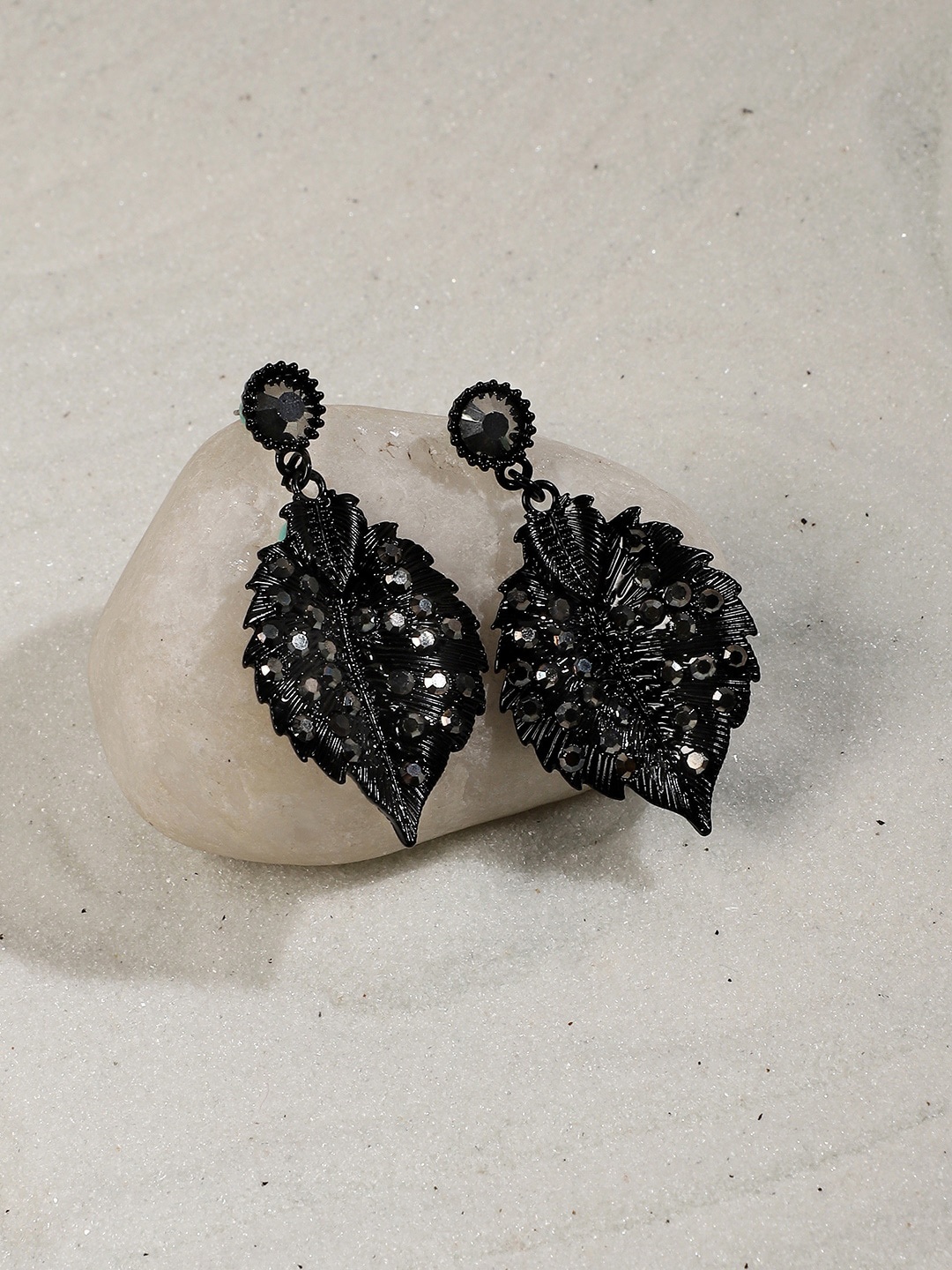 

SOHI Stones Studded Leaf Shaped Drop Earrings, Black