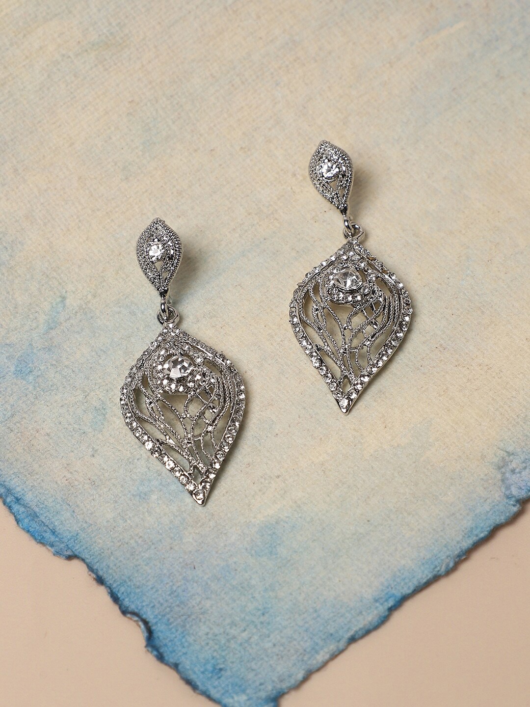 

SOHI Silver-Plated Stones Studded Leaf Shaped Drop Earrings