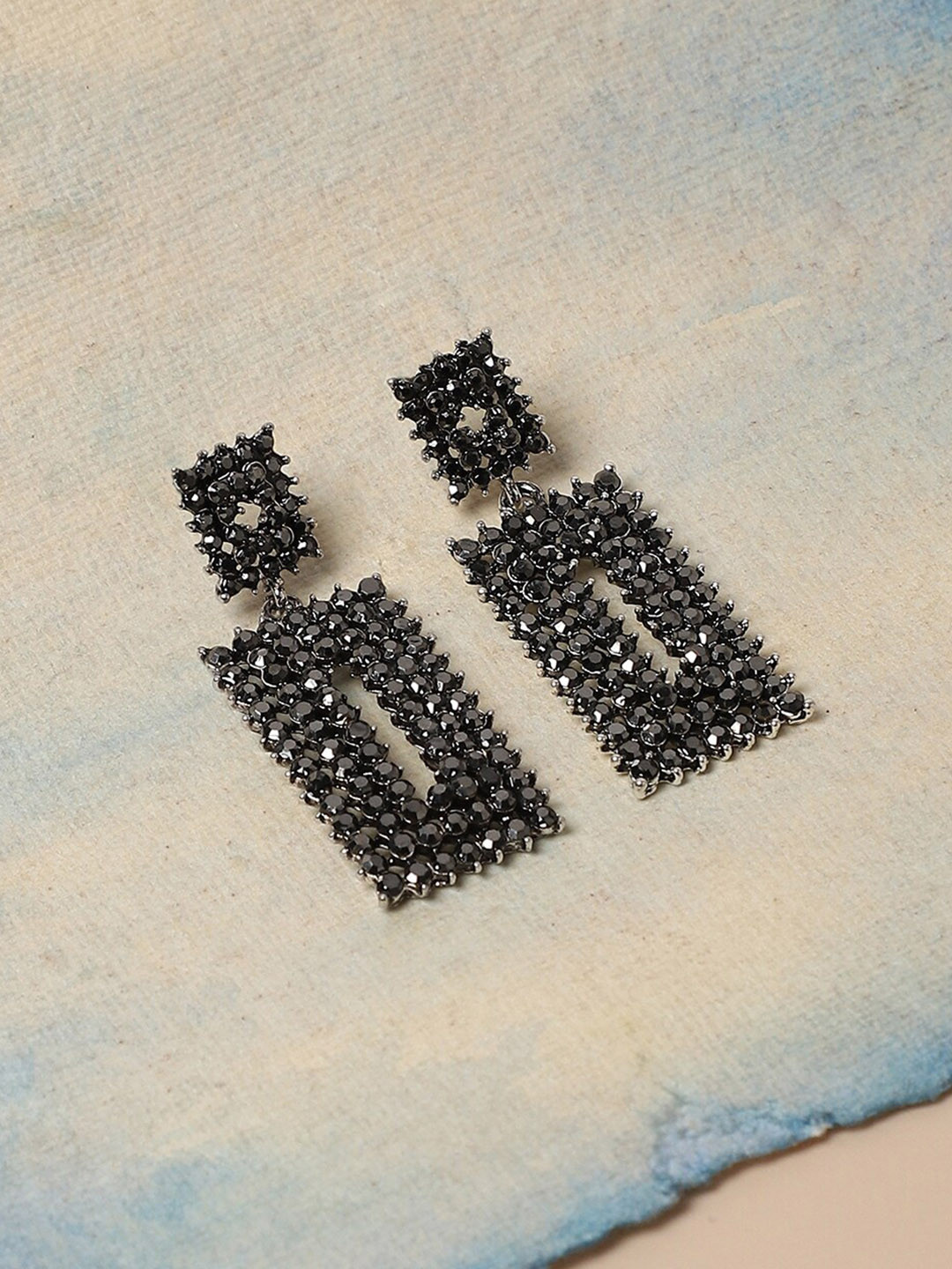 

SOHI Silver-Plated Stone-Studded Square Drop Earrings