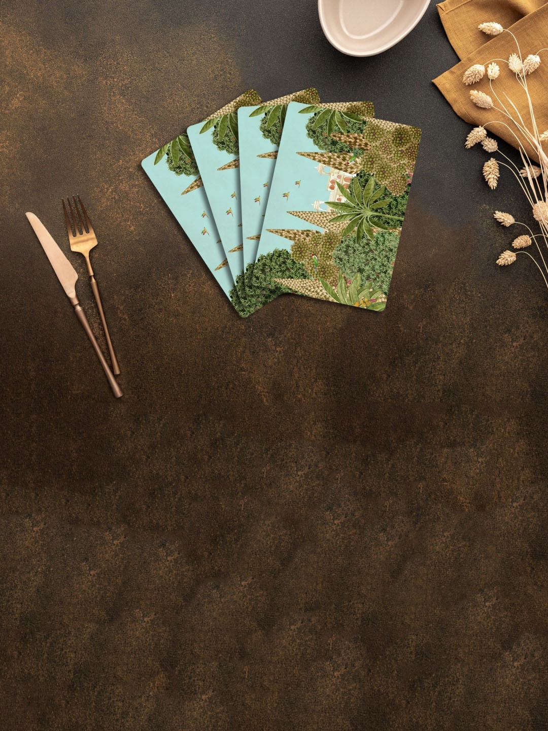 

SPACE OF JOY 4 Pcs Green & Beige Printed Anti Slip Table Placemats