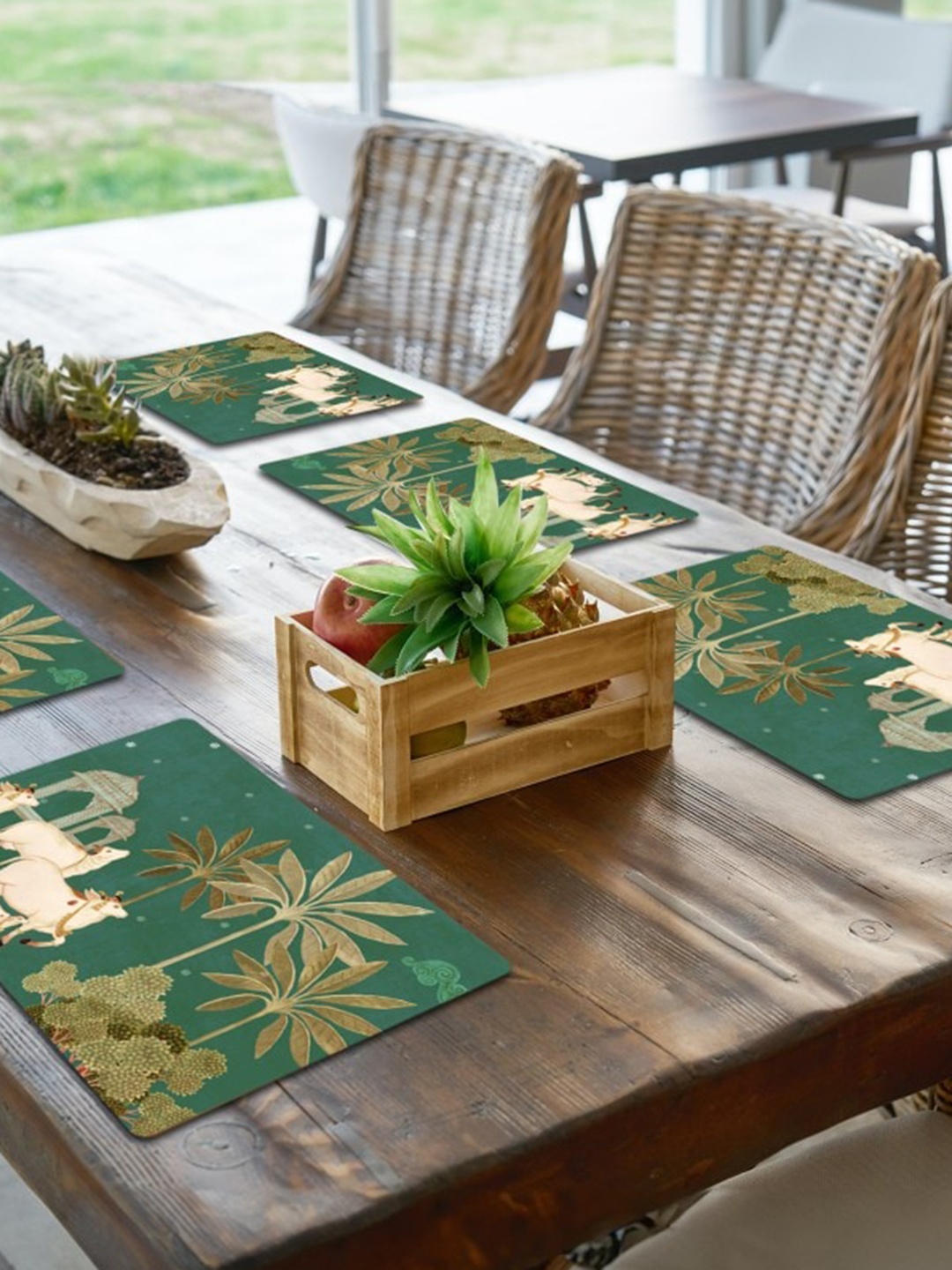 

SPACE OF JOY 6 Pieces Green & Beige Printed Anti-Slip Table Placemats