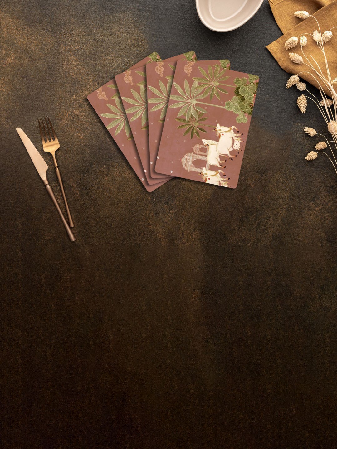 

SPACE OF JOY 4 Pieces Brown & Beige Printed Anti-Slip Table Placemats