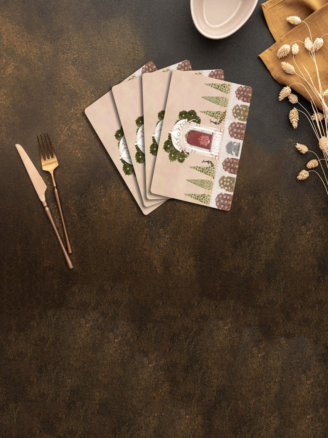 

SPACE OF JOY 4 Pieces Brown & Beige Printed Anti-Slip Table Placemats