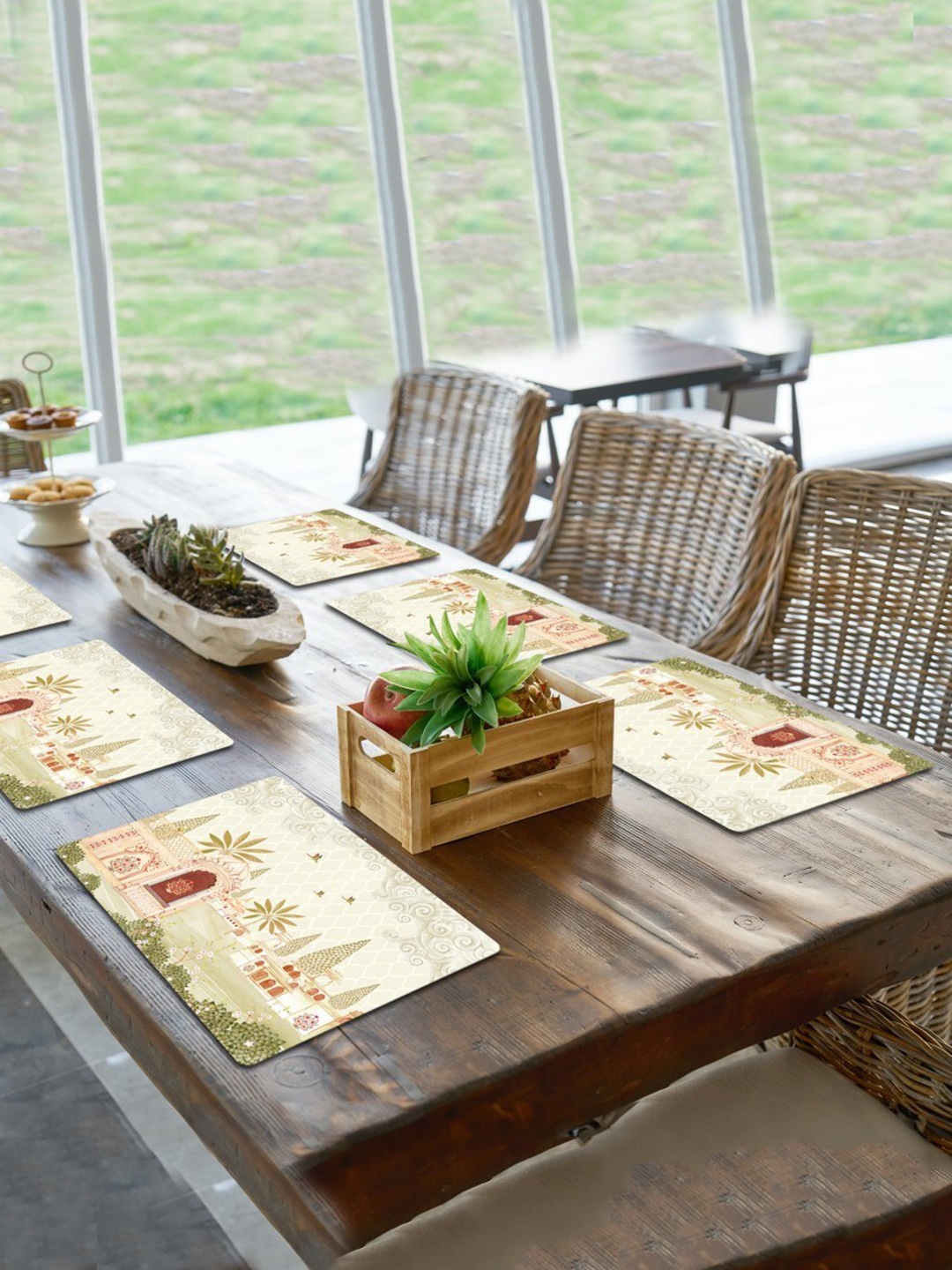 

SPACE OF JOY 6 Pieces White & Green Printed Anti-Slip Table Placemats