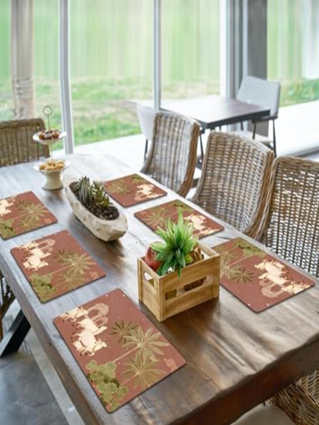 

SPACE OF JOY 6 Pieces Brown & Green Printed Anti-Slip Table Placemats