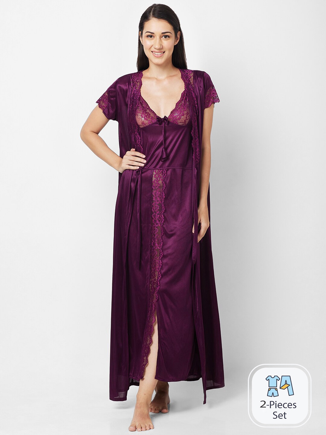 

NOIRA Self Designed Shoulder Straps Satin Nightdress, Purple