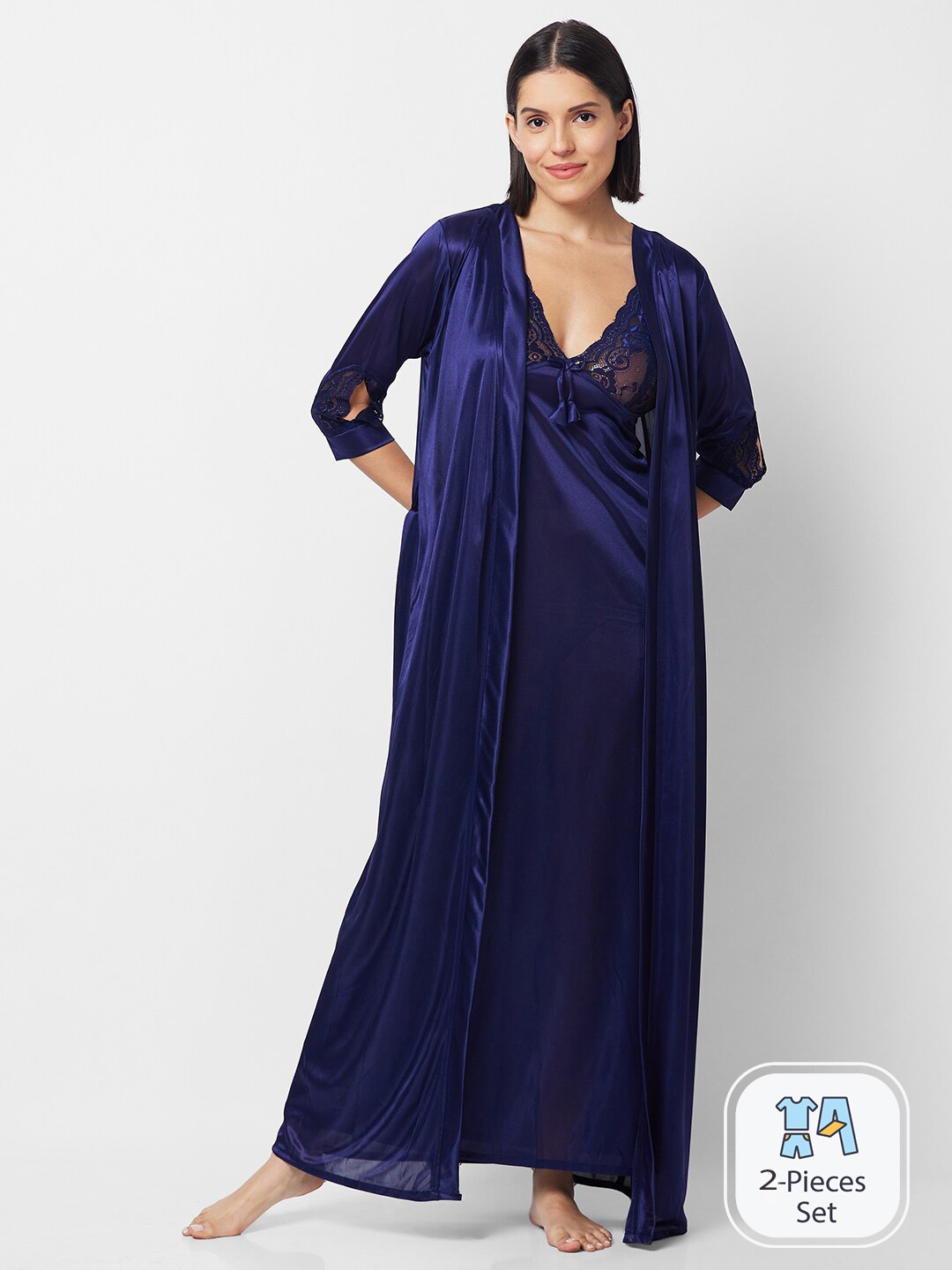 

NOIRA Shoulder Straps Satin Maxi Nightdress With Robe, Navy blue