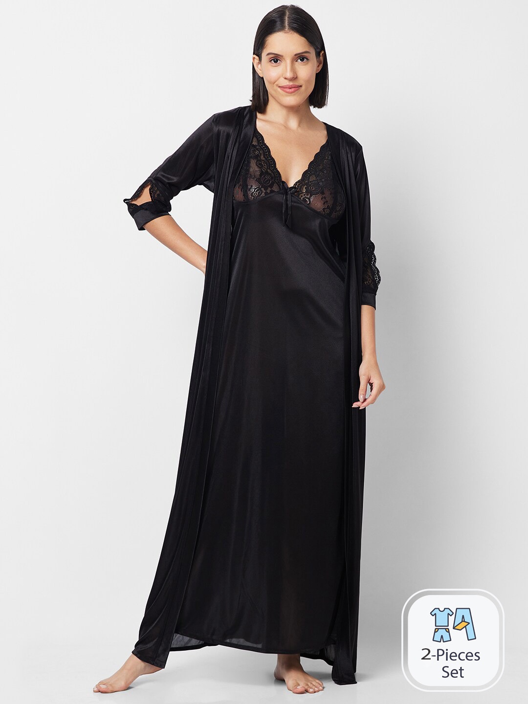 

NOIRA Shoulder Straps Satin Maxi Nightdress With Robe, Black