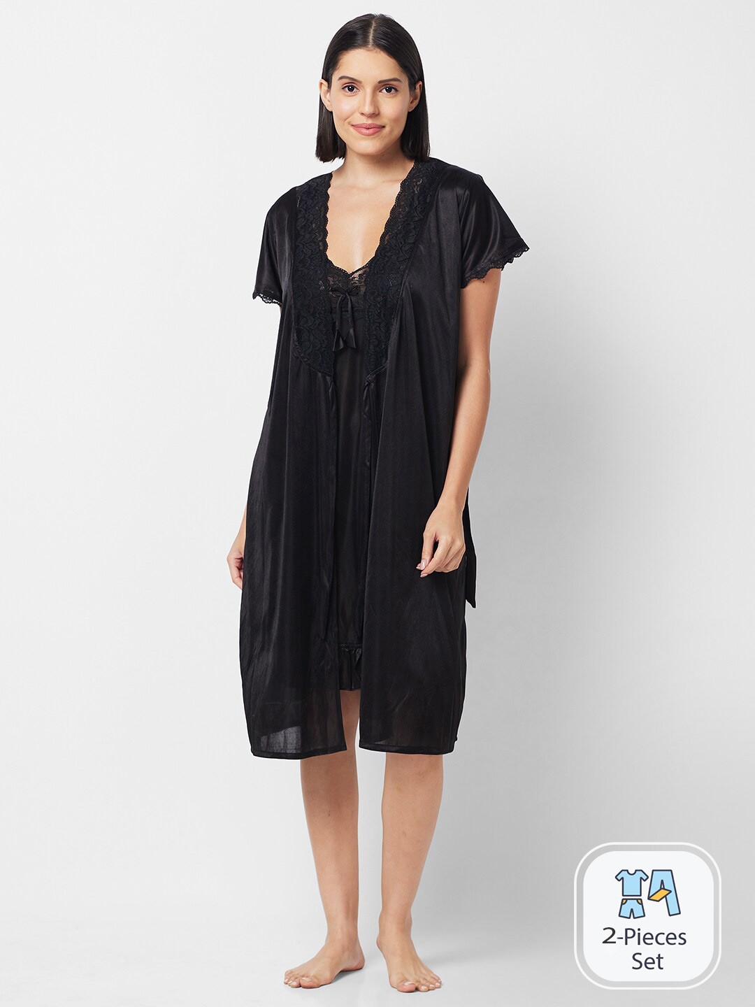 

NOIRA Lace Detail Satin Nightdress With Robe, Black