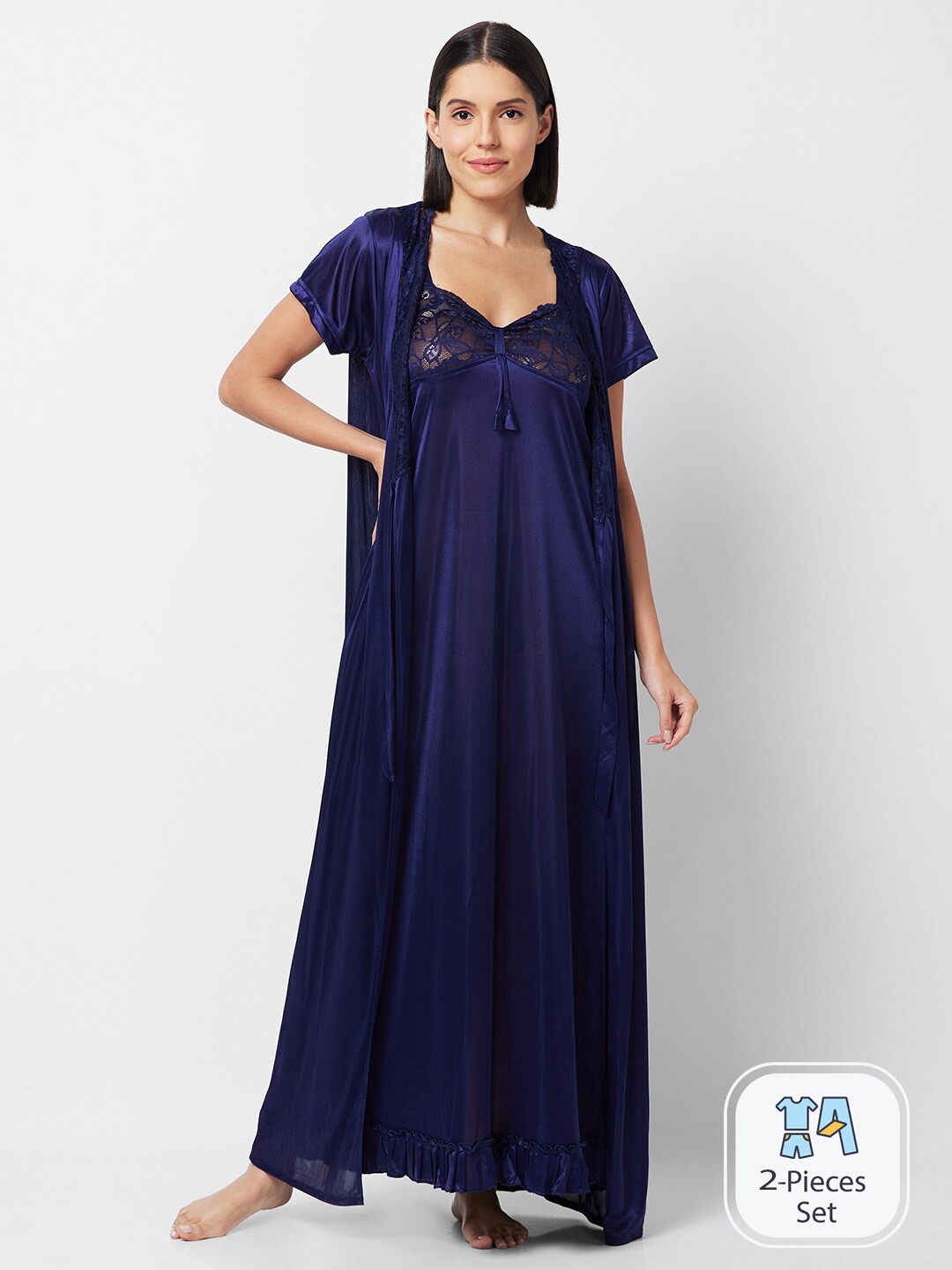 

NOIRA Shoulder Straps Satin Maxi Nightdress With Robe, Navy blue