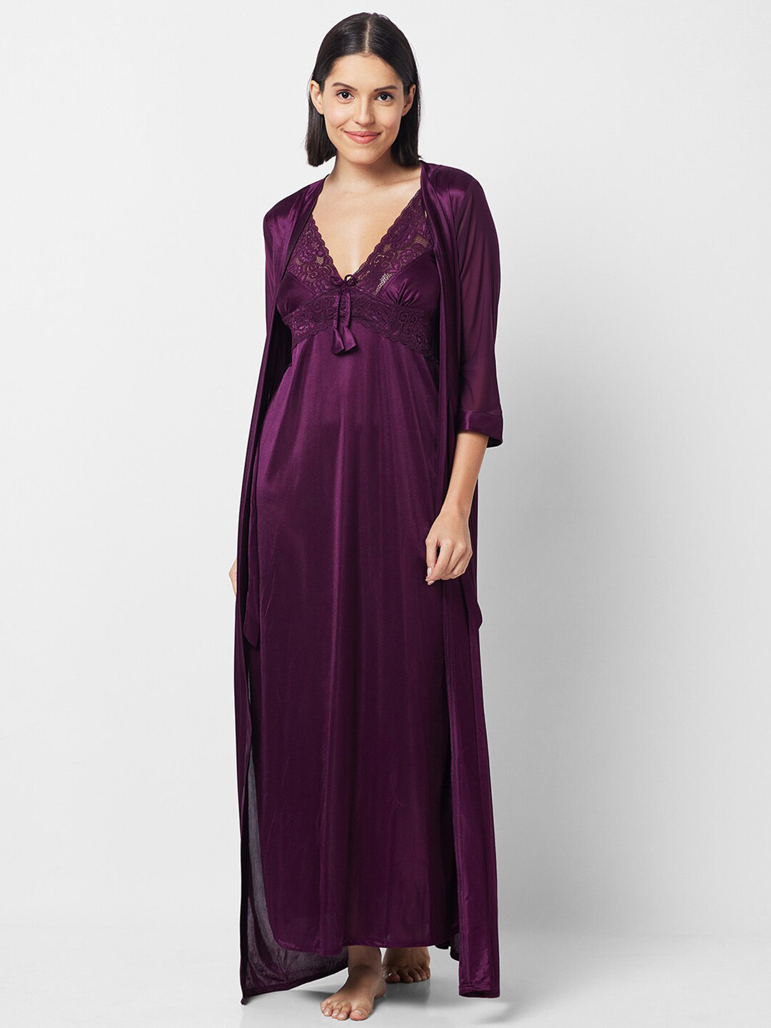 

NOIRA Self Design Sleeveless Nightdress & Robe, Purple
