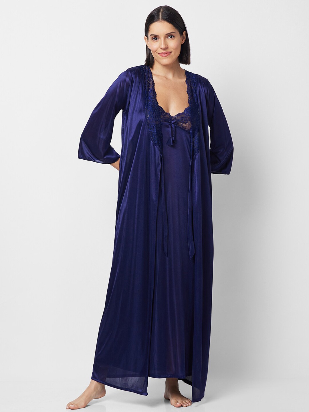 

NOIRA Lace Detail Satin Maxi Nightdress With Robe, Navy blue