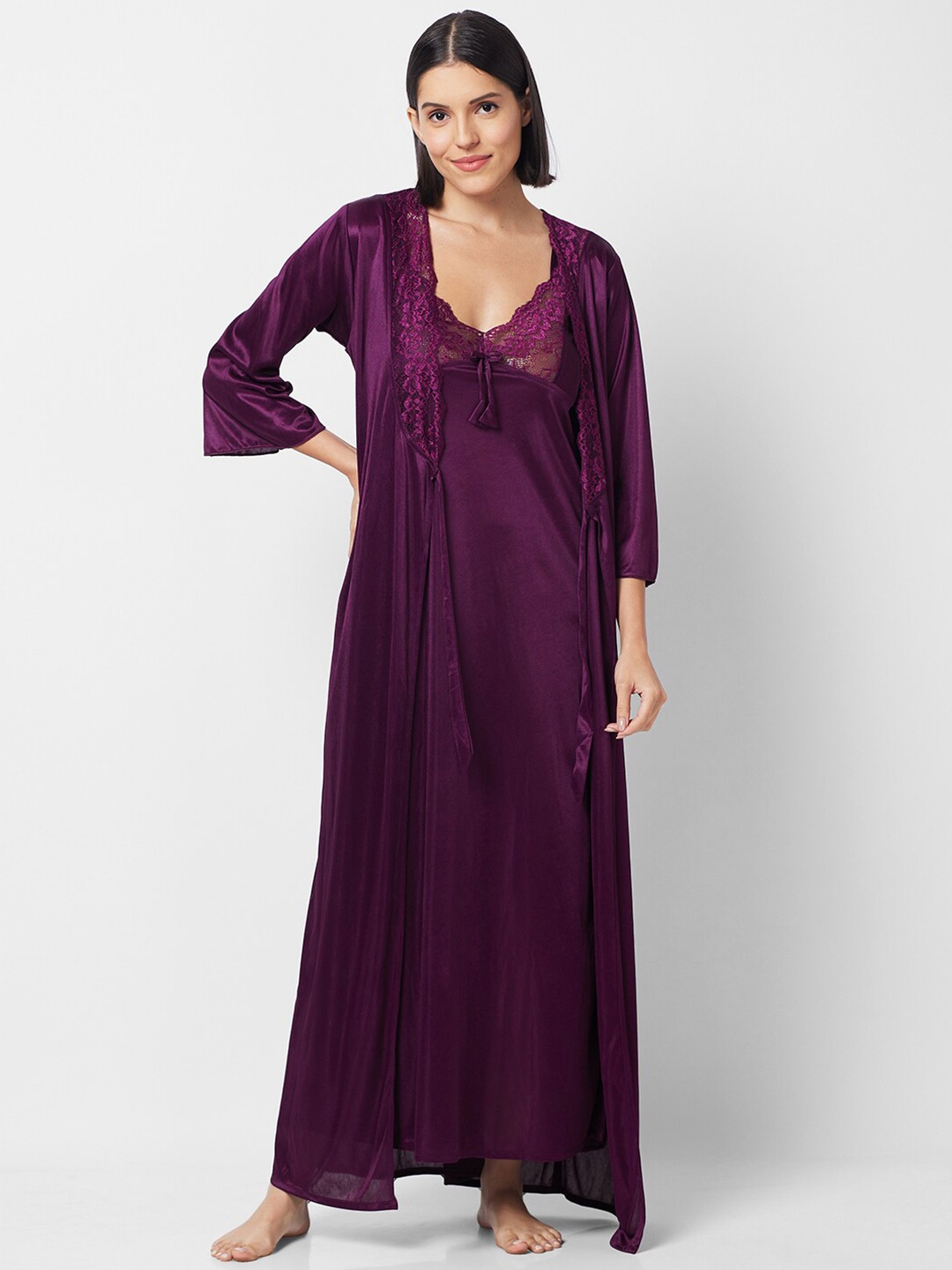 

NOIRA Satin Maxi Nightdress With Robe, Purple