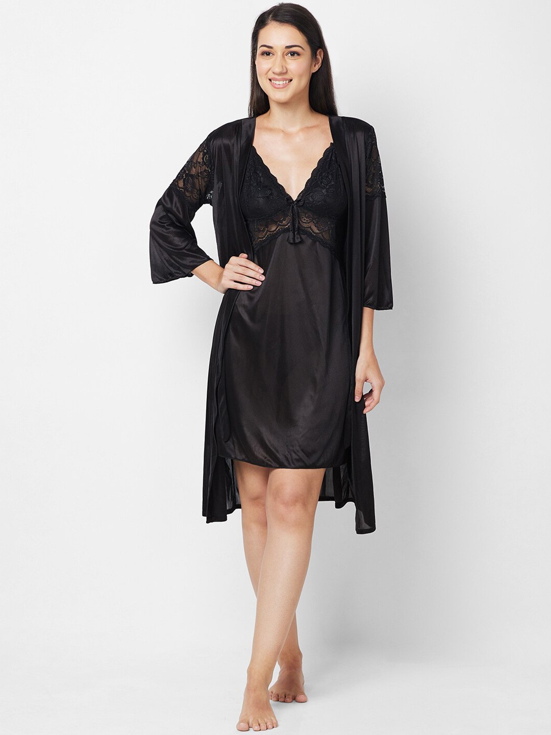 

NOIRA Self Designed Shoulder Straps Satin Nightdress, Black