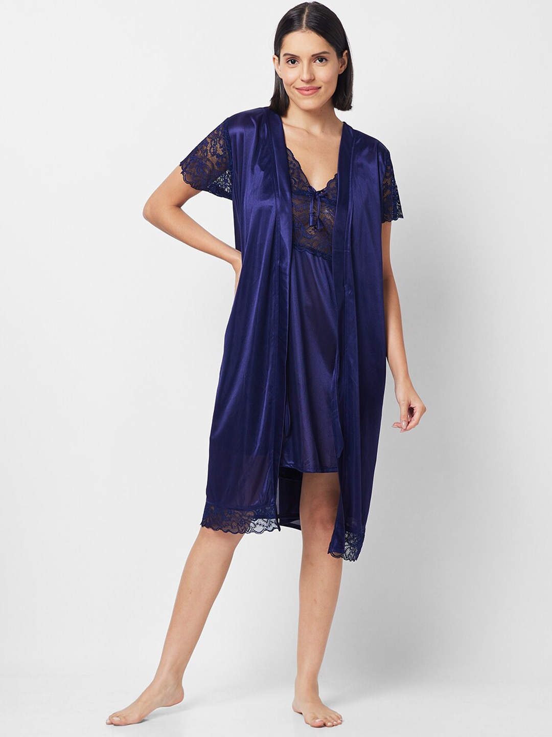 

NOIRA Halter Neck Knee Length Satin Nightdress With Robe, Navy blue