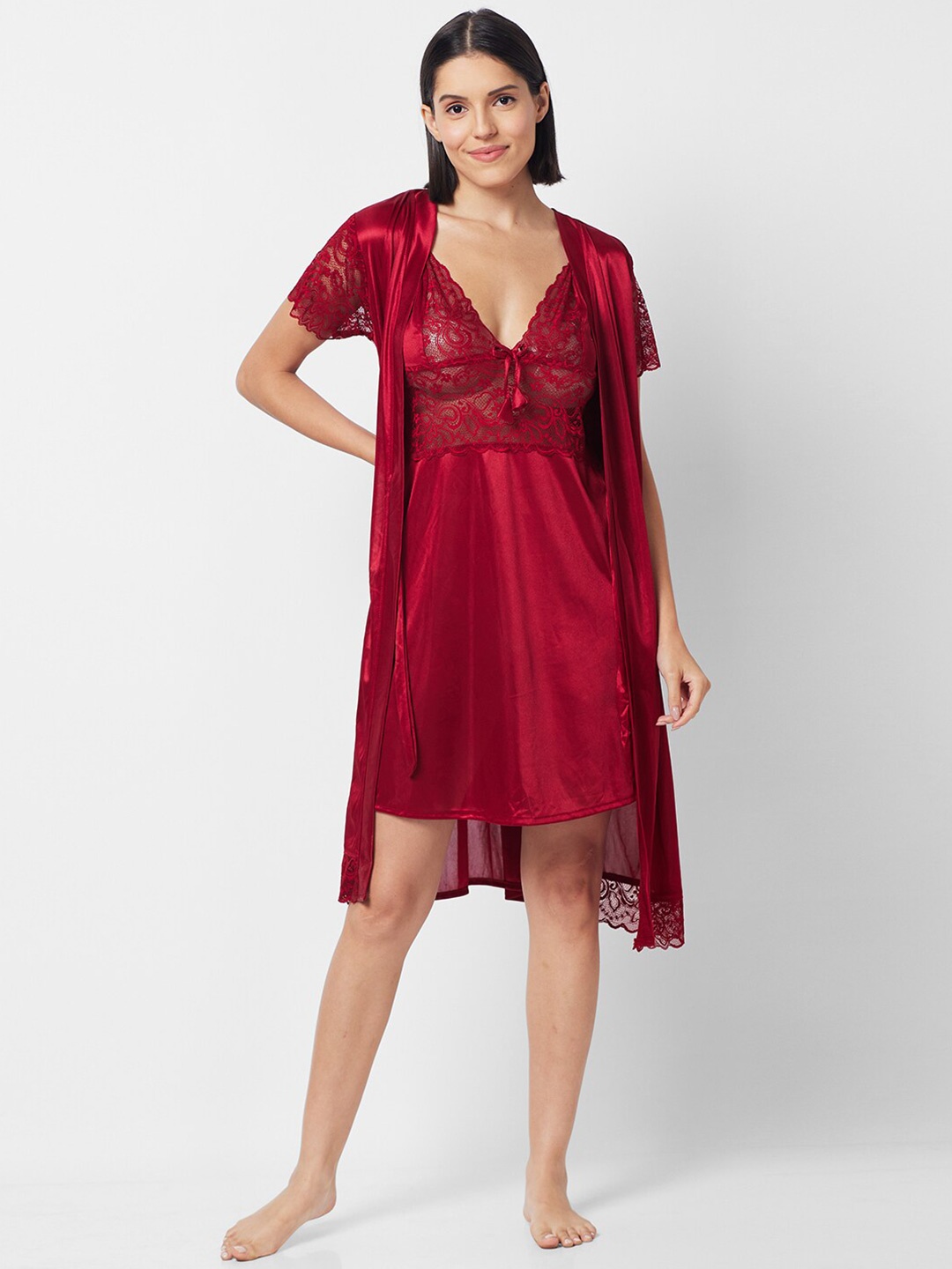 

NOIRA Floral Lace Detail Satin Nightdress With Robe, Maroon