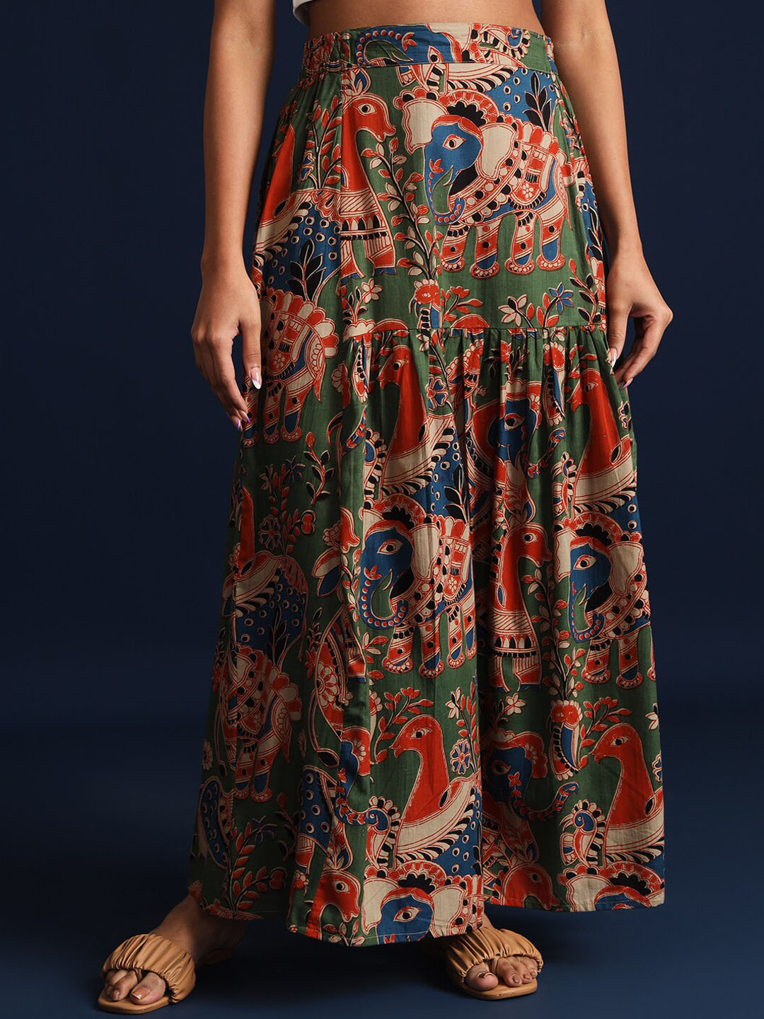 

Taavi Kalamkari Printed Pure Cotton Flared Skirts, Green